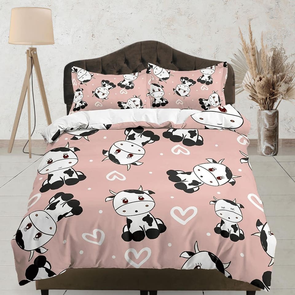Cute Cow Peach Colored Toddler Bedding, Unique Duvet Cover for Kids, Crib Bedding with Pillowcase, Baby Zipper Bedding, Ki…