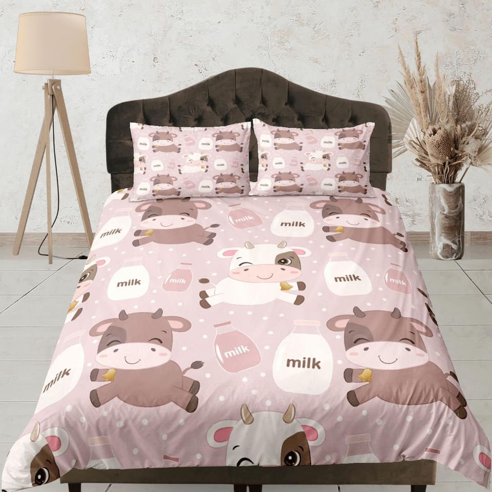 Cute Cow Pink Duvet Cover Set Colorful Bedspread, Kids Full Bedding Set with Pillowcase, King Duvet Cover Queen Comforter…