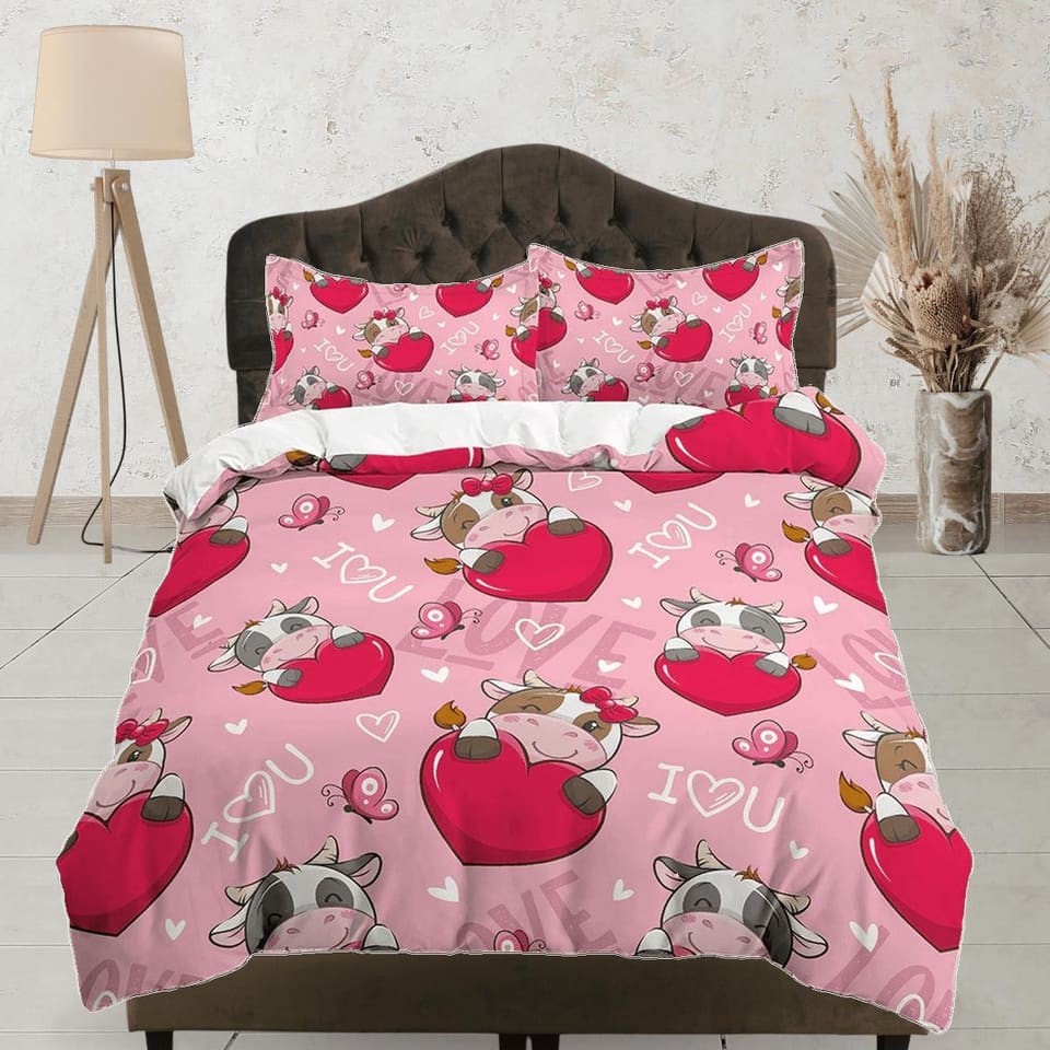 Cute Cow with Heart, Pink Girl Toddler Bedding, Unique Duvet Cover Nursery Kids, Crib Bedding, Baby Zipper Bedding, King Q…