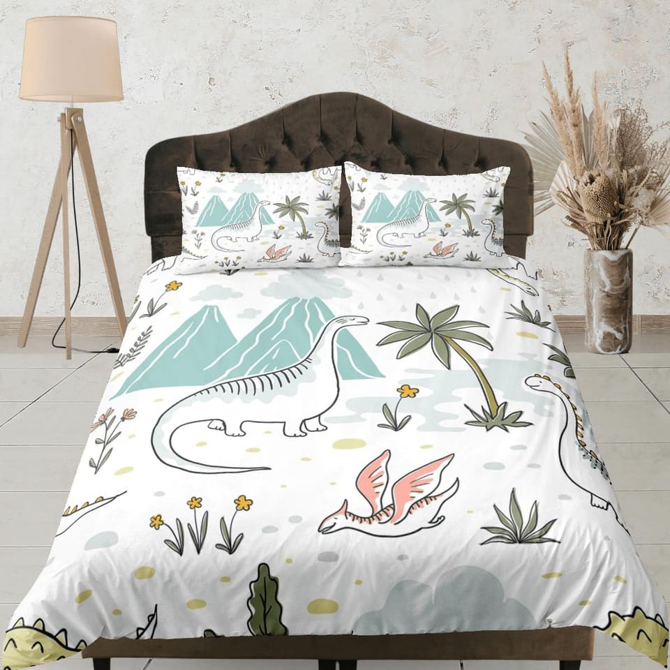Cute dinosaur bedding, kids bedding full, crib duvet cover set, dinosaur nursery bed decor, colorful bedding, baby dinosau…
