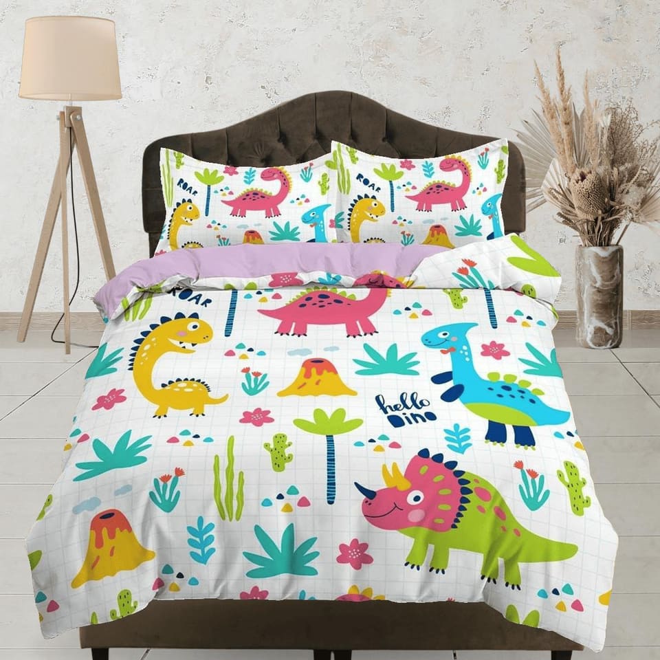 Cute dinosaur bedding, kids bedding full, unique duvet cover set, dinosaur nursery bed decor, colorful bedding, baby dinos…