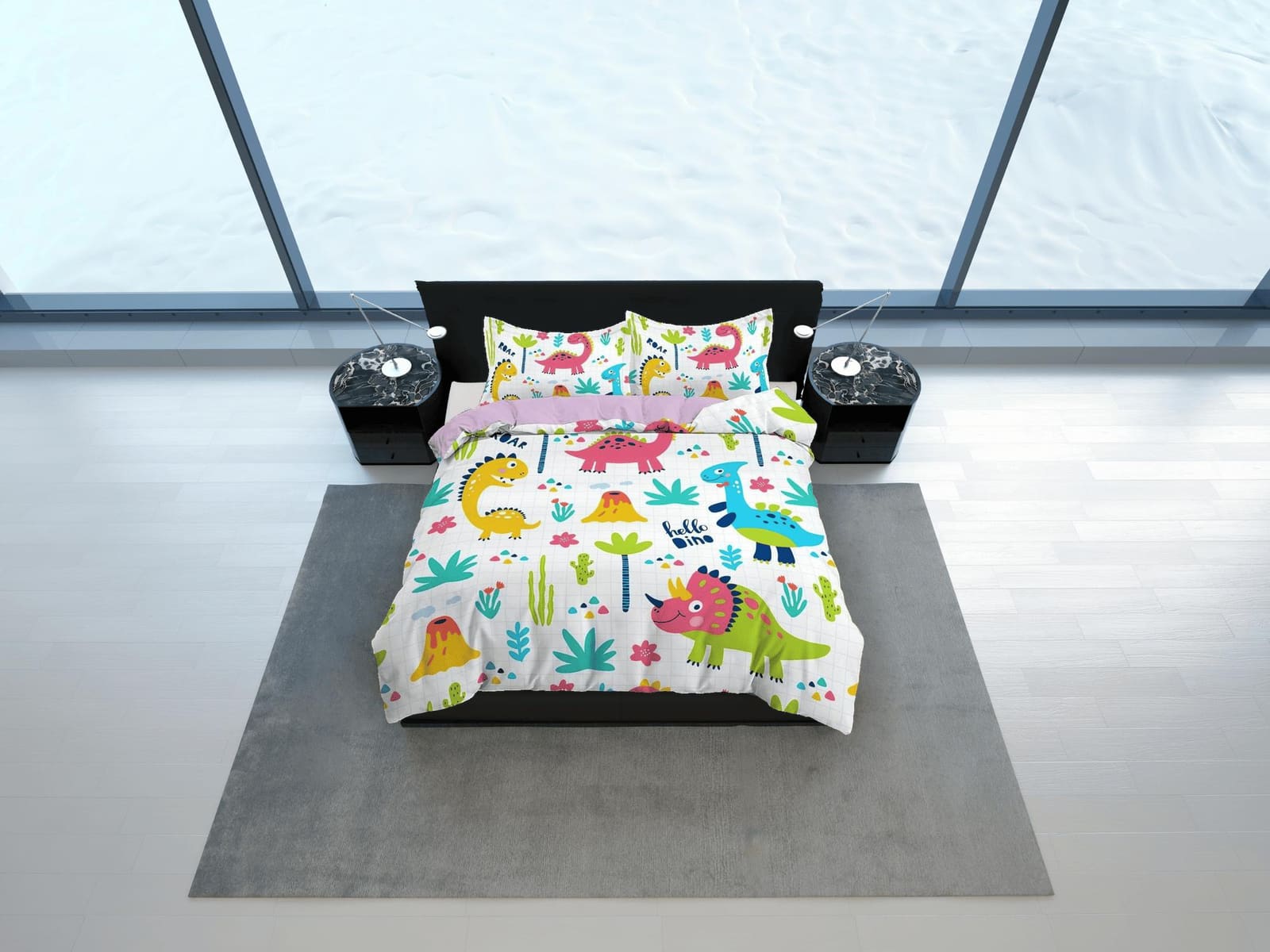 Cute dinosaur bedding, kids bedding full, unique duvet cover set, dinosaur nursery bed decor, colorful bedding, baby dinos…
