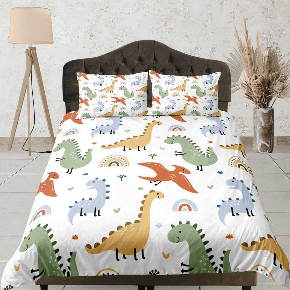 Cute Dinosaurs Duvet Cover Set Colorful Bedspread, Kids Full Bedding Set with Pillowcase, King Duvet Cover Queen Duvet Com…