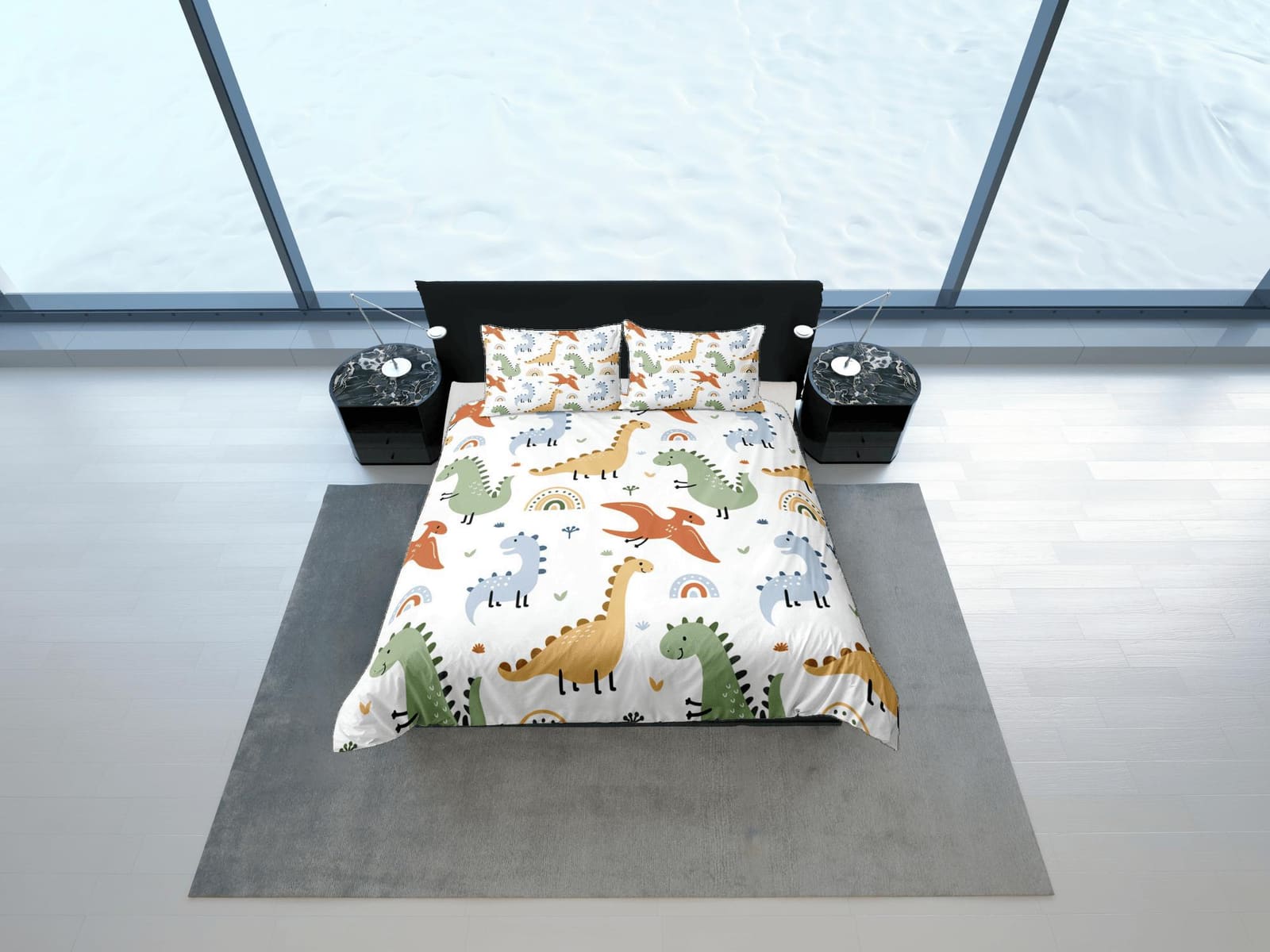 Cute Dinosaurs Duvet Cover Set Colorful Bedspread, Kids Full Bedding Set with Pillowcase, King Duvet Cover Queen Duvet Com…