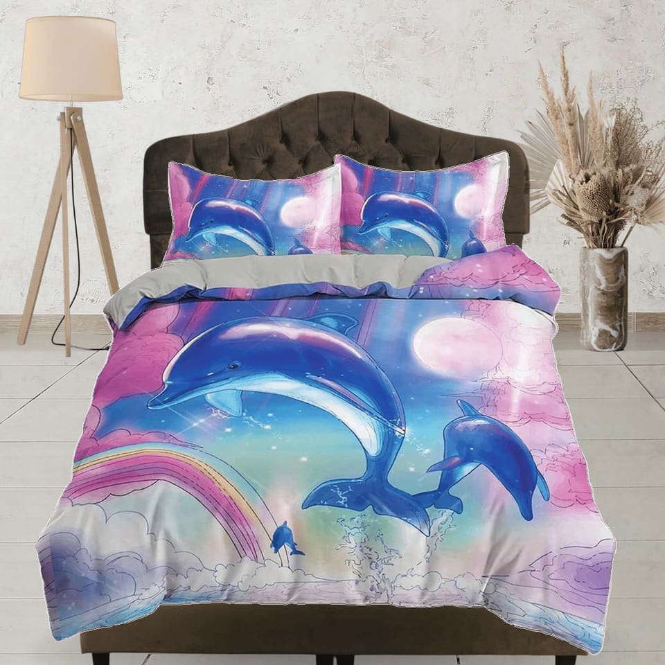 Cute dolphin bedding colorful duvet cover, ocean blush decor, pink and blue bedding set full king queen twin, college dorm…
