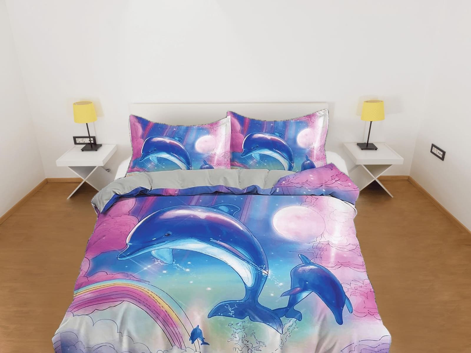 Cute dolphin bedding colorful duvet cover, ocean blush decor, pink and blue bedding set full king queen twin, college dorm…