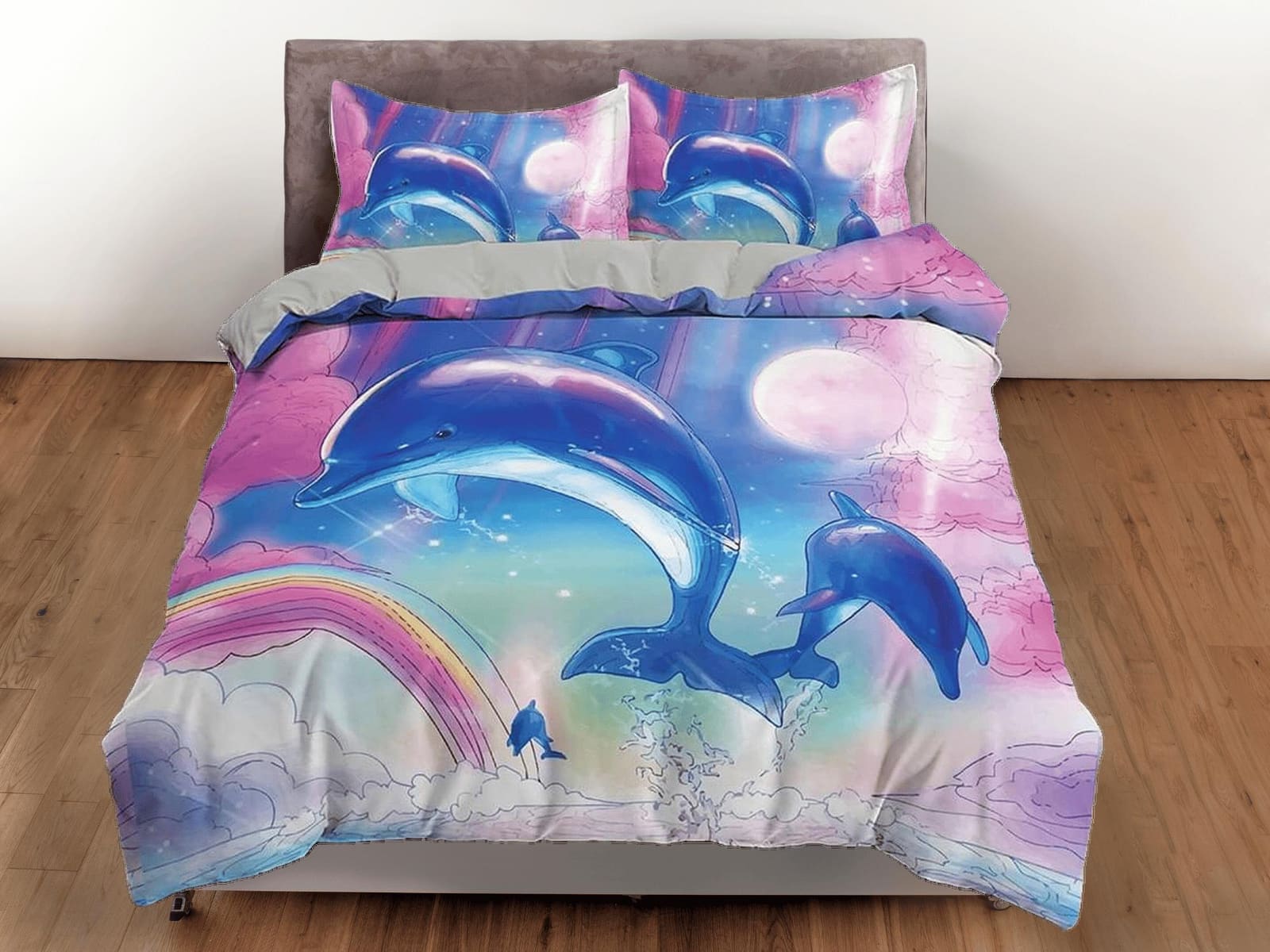 Cute dolphin bedding colorful duvet cover, ocean blush decor, pink and blue bedding set full king queen twin, college dorm…