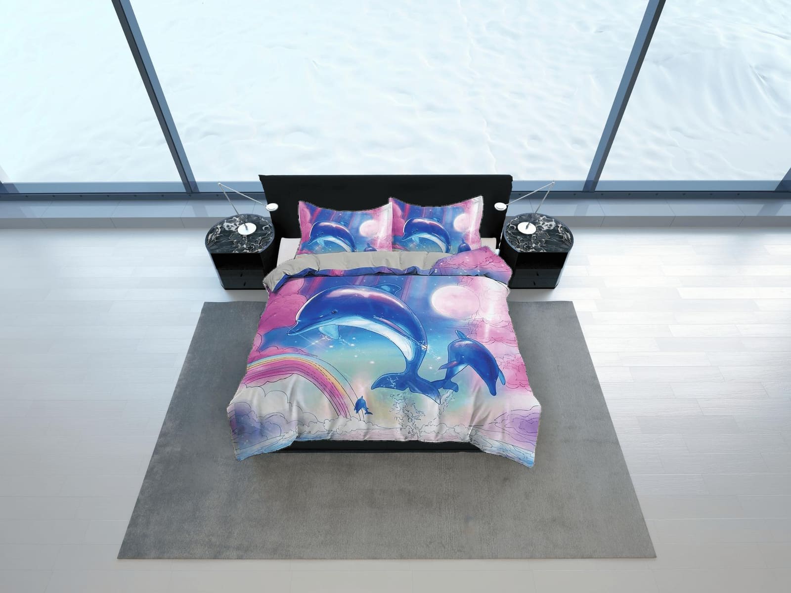 Cute dolphin bedding colorful duvet cover, ocean blush decor, pink and blue bedding set full king queen twin, college dorm…