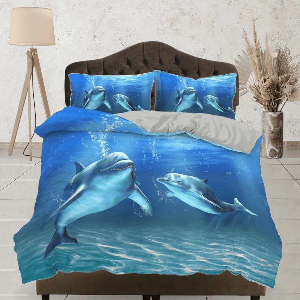 Cute dolphins under the sea bedding blue duvet cover, ocean blush decor bottle nose dolphin bedding set full king queen tw…