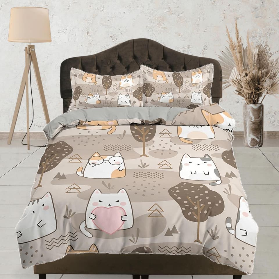 Cute fatty cats in brown bedding, unique duvet cover for nursery kids, crib bedding, baby zipper bedding, king queen full…