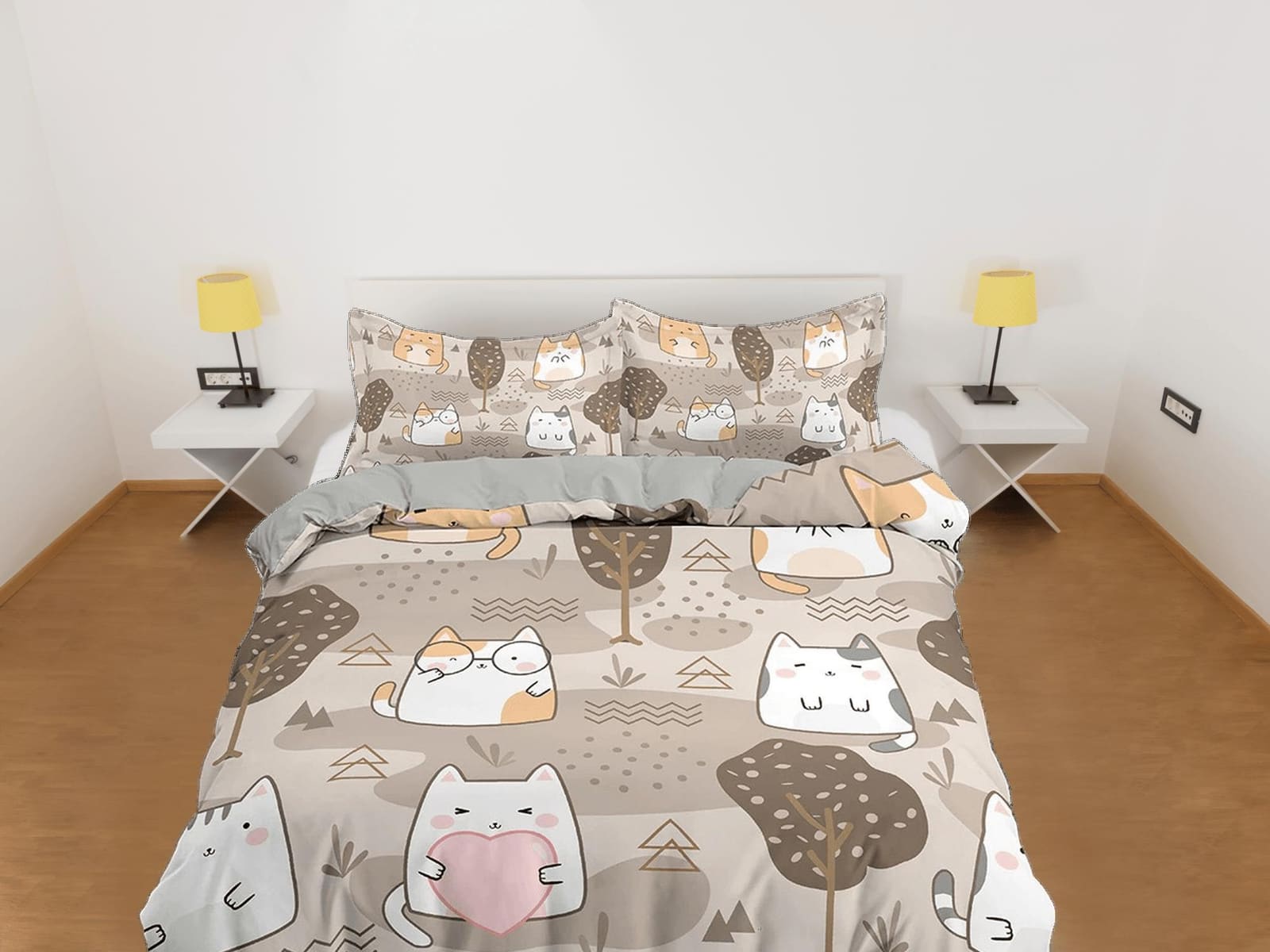 Cute fatty cats in brown bedding, unique duvet cover for nursery kids, crib bedding, baby zipper bedding, king queen full…