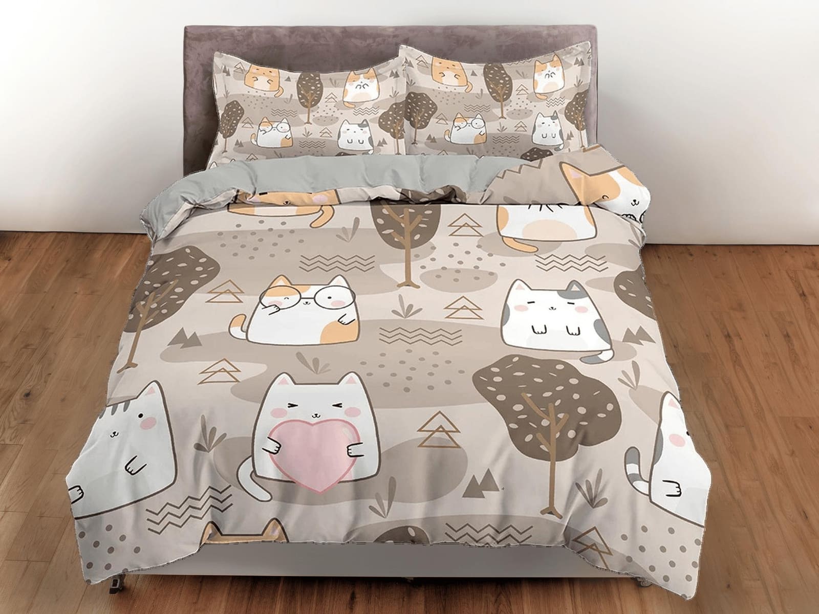 Cute fatty cats in brown bedding, unique duvet cover for nursery kids, crib bedding, baby zipper bedding, king queen full…