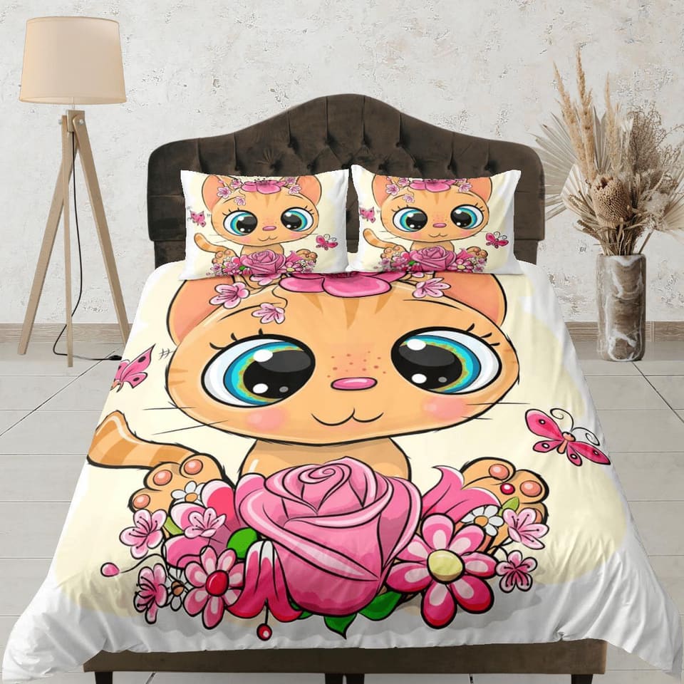 Cute Floral Big Eyed Cat Bedding, Girly Toddler Bedding, Kids Duvet Cover Set, Baby Bedding, Baby Shower Doona Cover up to…
