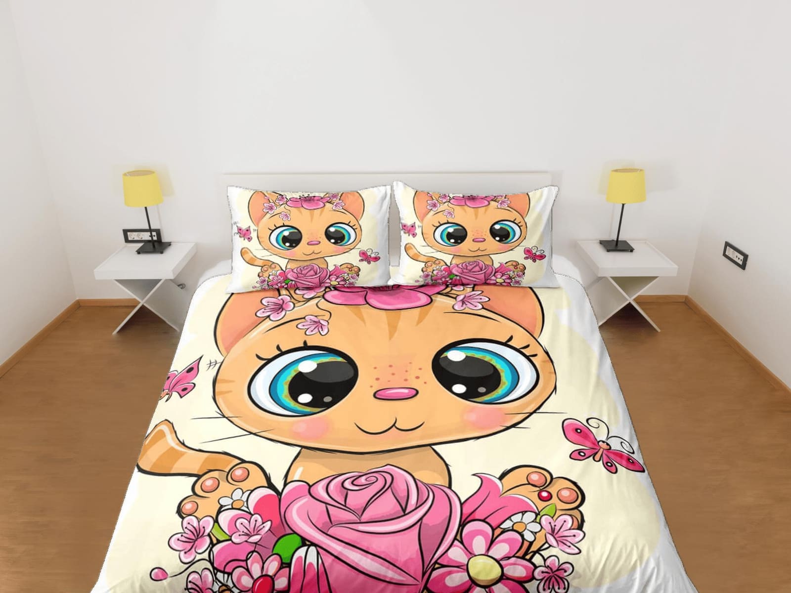 Cute Floral Big Eyed Cat Bedding, Girly Toddler Bedding, Kids Duvet Cover Set, Baby Bedding, Baby Shower Doona Cover up to…