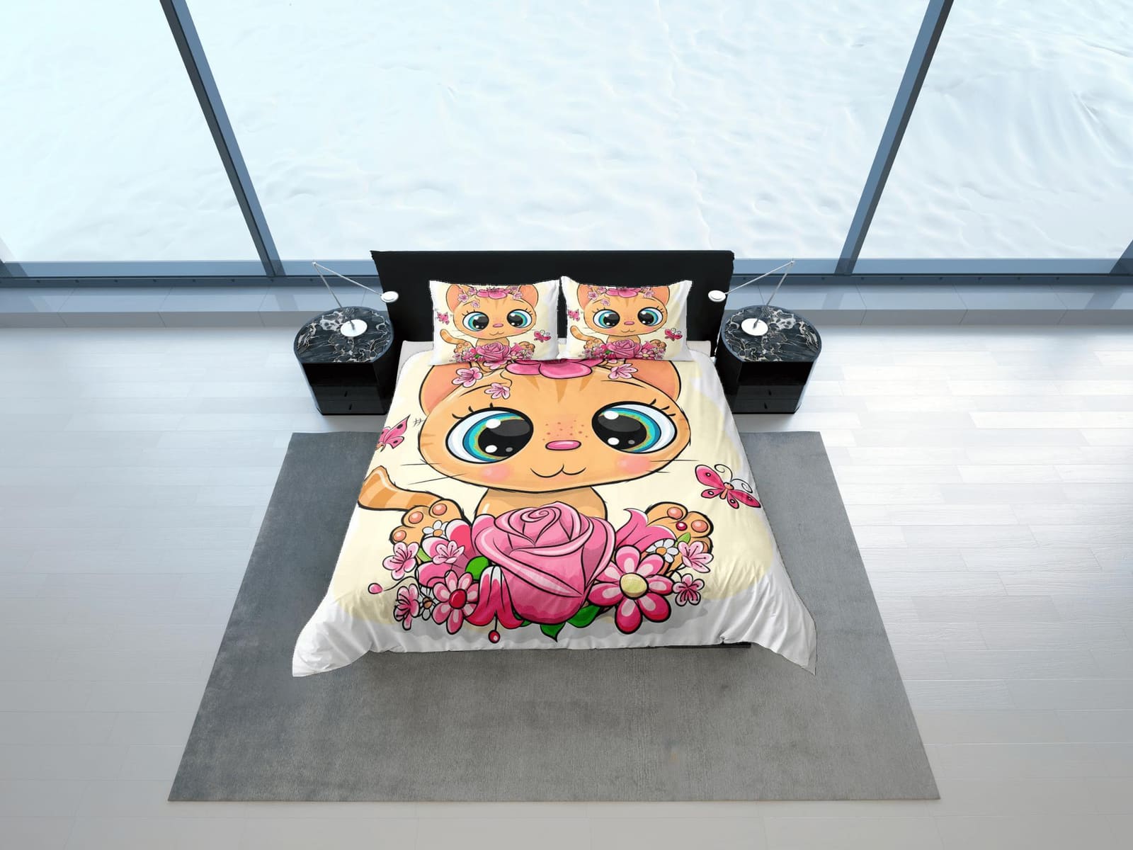 Cute Floral Big Eyed Cat Bedding, Girly Toddler Bedding, Kids Duvet Cover Set, Baby Bedding, Baby Shower Doona Cover up to…