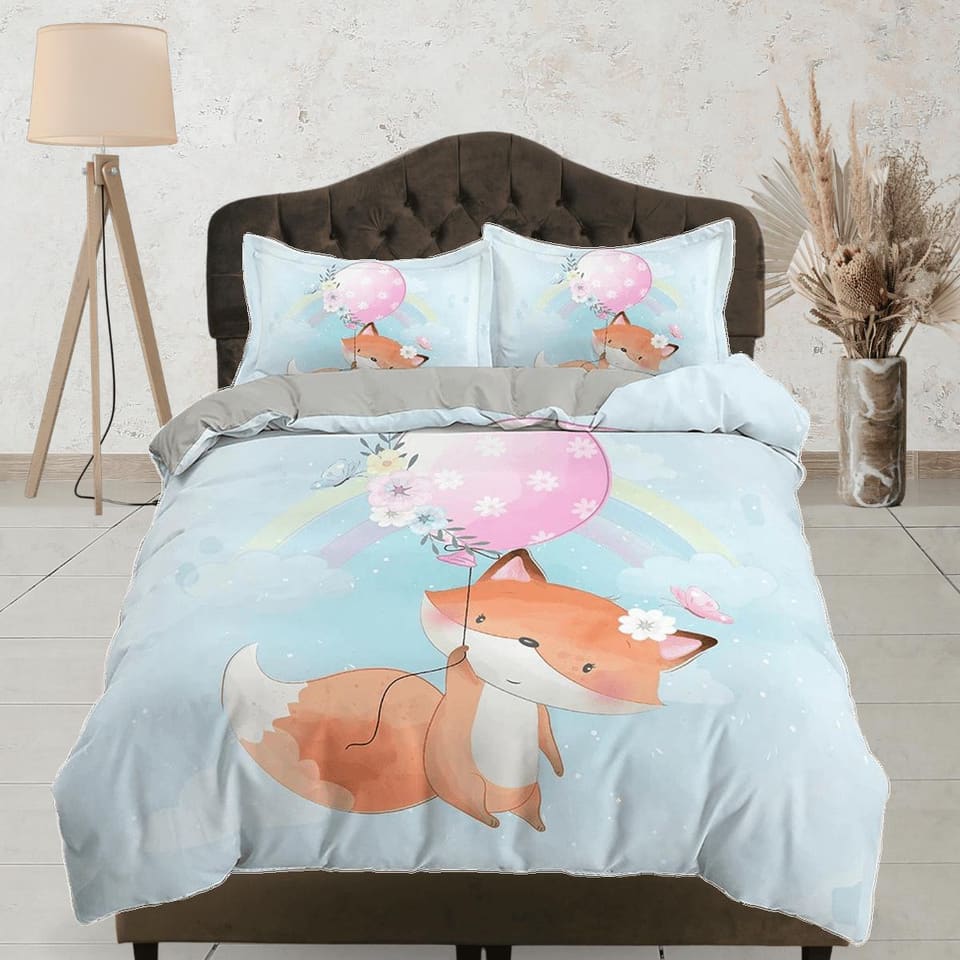 Cute Fox Holding a Pink Balloon Bedding, Duvet Cover Set, Zipper Bedding, Dorm Bedding, Teens Adult Duvet King Queen Full…