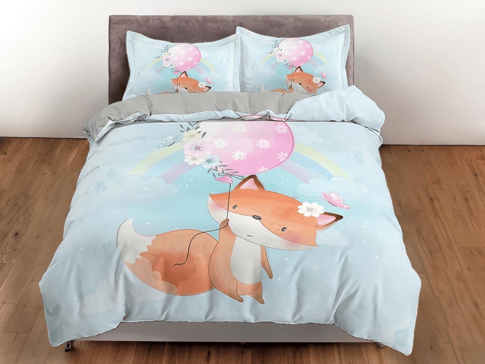 Cute Fox Holding a Pink Balloon Bedding, Duvet Cover Set, Zipper Bedding, Dorm Bedding, Teens Adult Duvet King Queen Full…