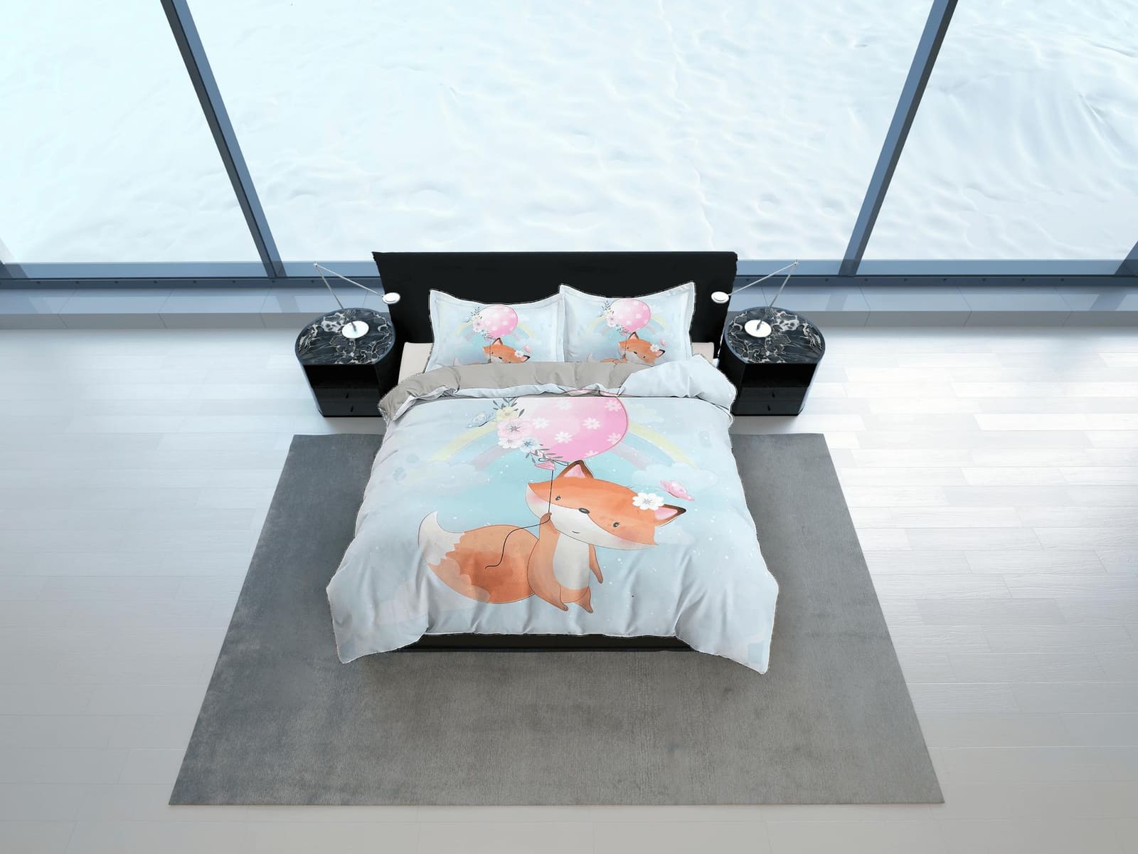 Cute Fox Holding a Pink Balloon Bedding, Duvet Cover Set, Zipper Bedding, Dorm Bedding, Teens Adult Duvet King Queen Full…