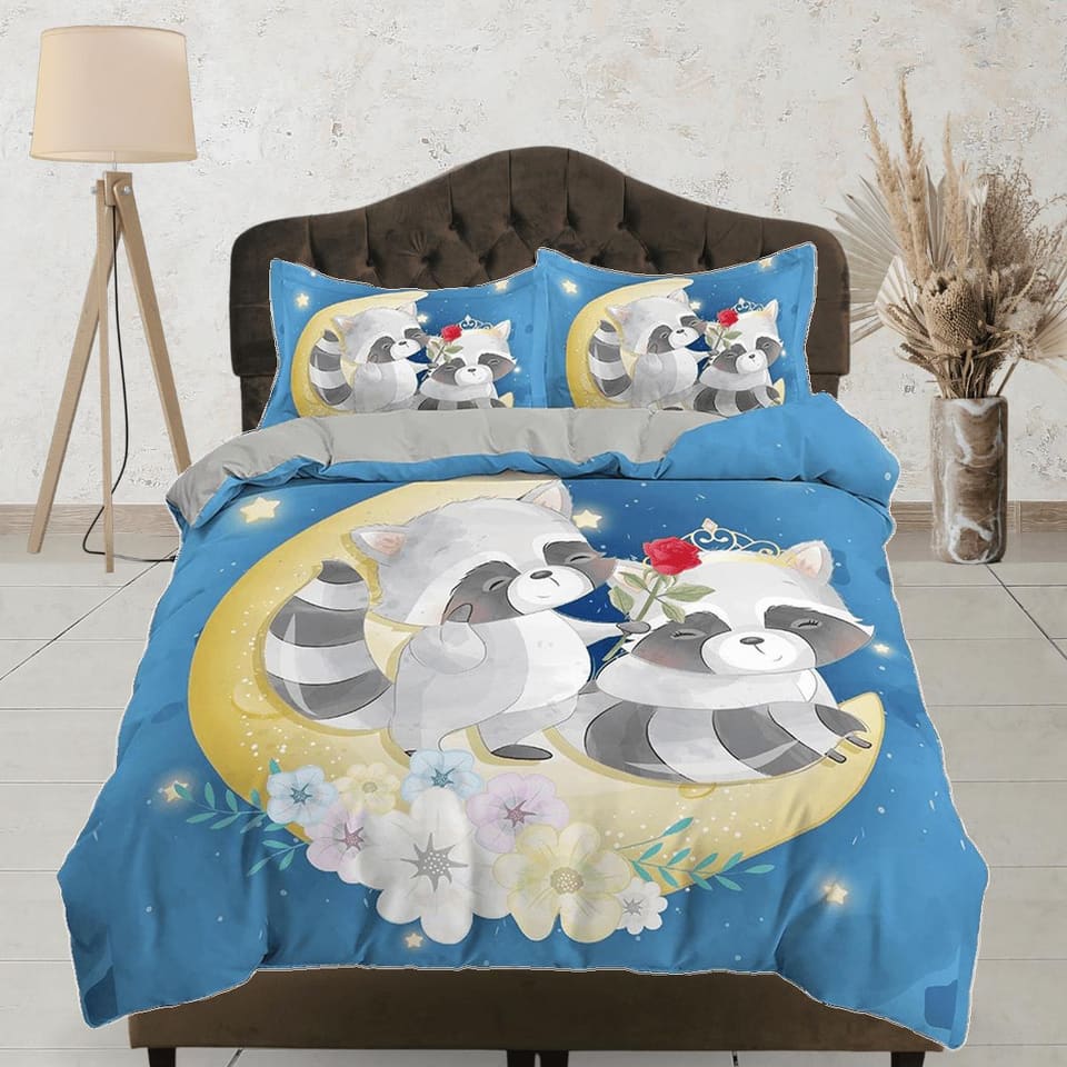 Cute fox lovers in crescent moon, blue toddler bedding, kids duvet cover, crib bedding, baby zipper bedding, king queen fu…