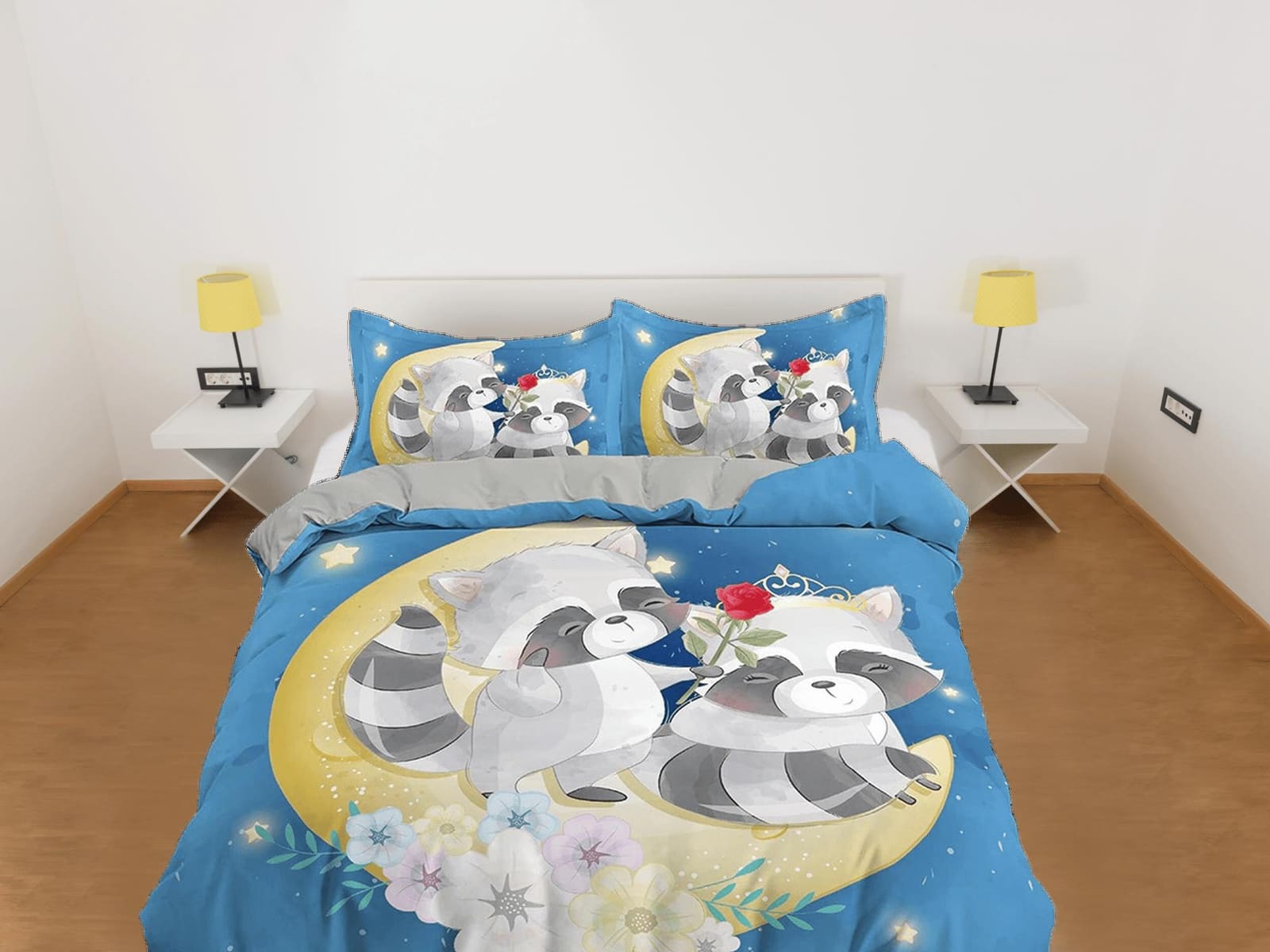 Cute fox lovers in crescent moon, blue toddler bedding, kids duvet cover, crib bedding, baby zipper bedding, king queen fu…