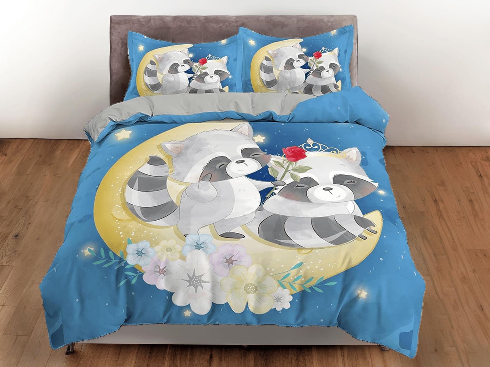 Cute fox lovers in crescent moon, blue toddler bedding, kids duvet cover, crib bedding, baby zipper bedding, king queen fu…