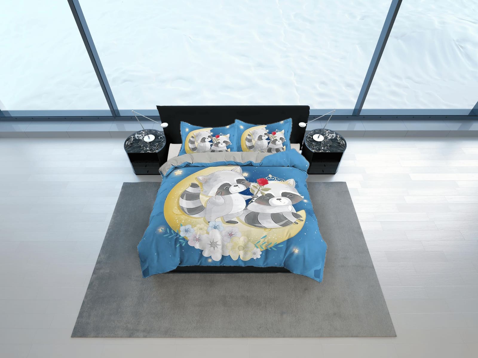 Cute fox lovers in crescent moon, blue toddler bedding, kids duvet cover, crib bedding, baby zipper bedding, king queen fu…