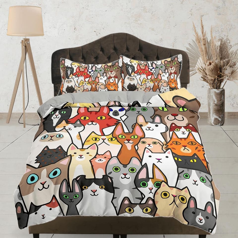 Cute Funny Cats Kids Duvet Cover Set, Toddler Bedding, Kids Bedroom, Bedding for Cat Lovers Gift, Duvet King Queen Full Tw…