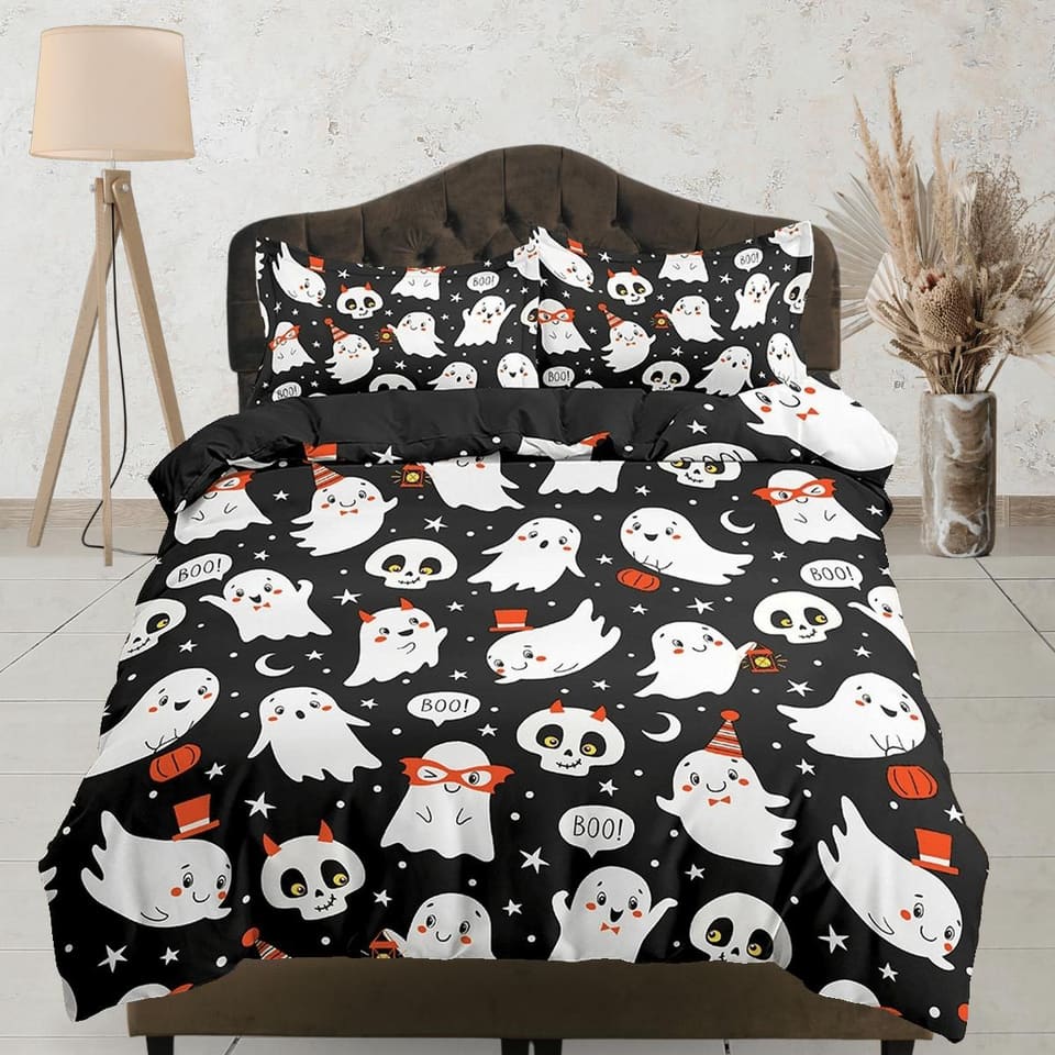 Cute ghost and skulls halloween bedding & pillowcase, black duvet cover, dorm bedding, goth bedding, halloween gift, toddl…