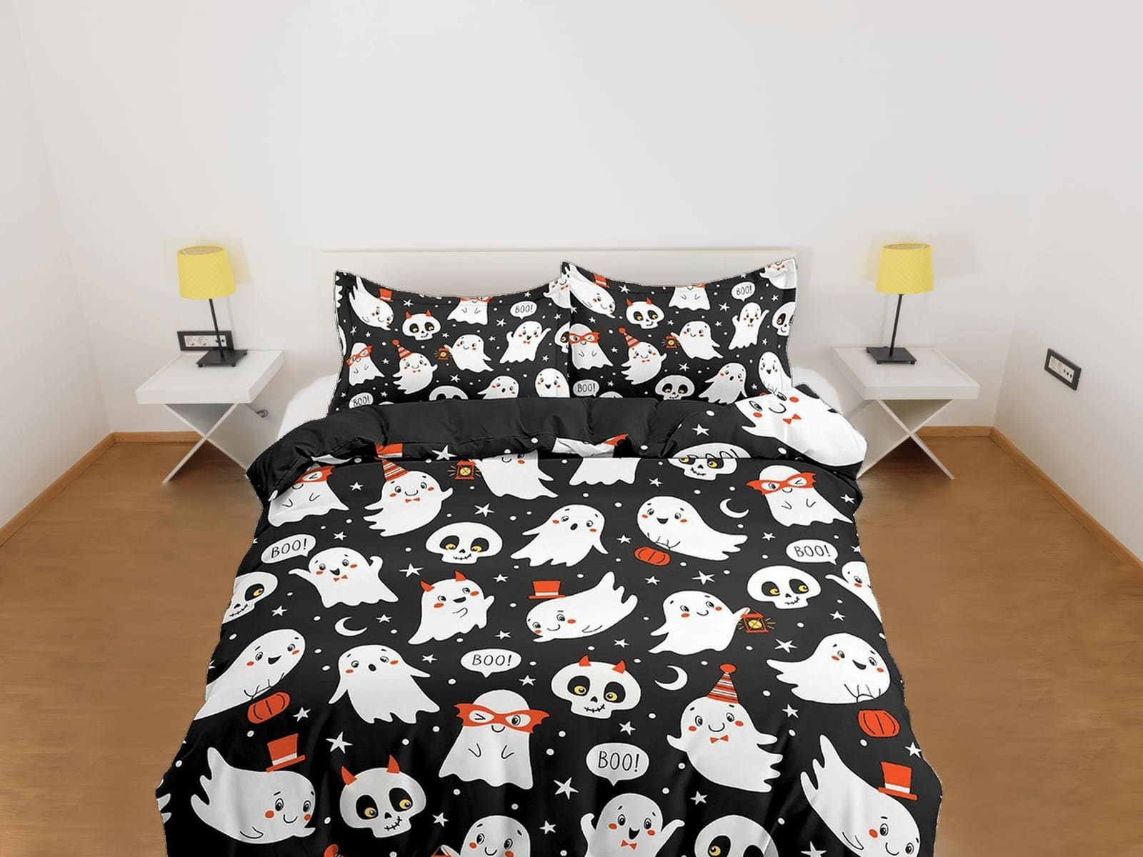 Cute ghost and skulls halloween bedding & pillowcase, black duvet cover, dorm bedding, goth bedding, halloween gift, toddl…