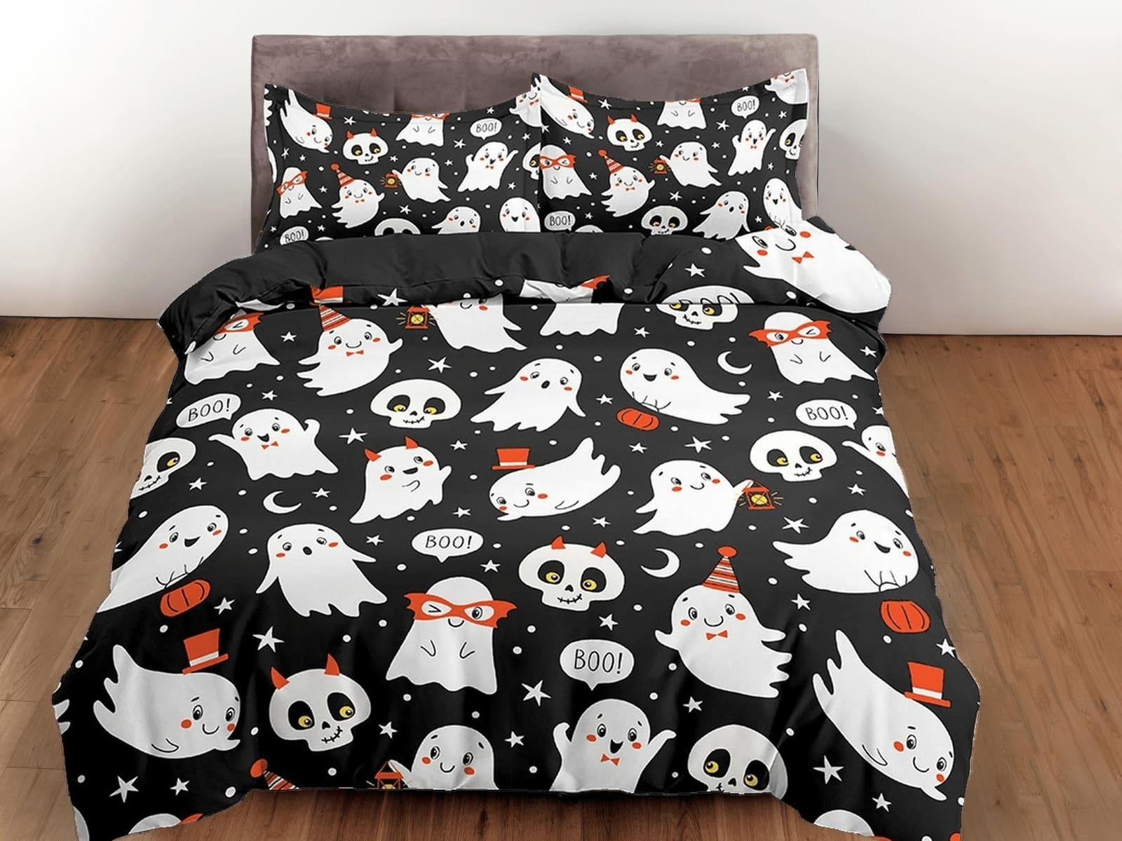 Cute ghost and skulls halloween bedding & pillowcase, black duvet cover, dorm bedding, goth bedding, halloween gift, toddl…