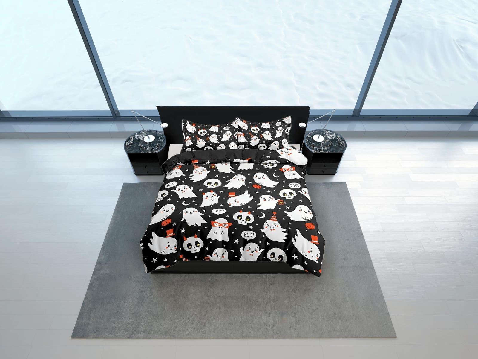 Cute ghost and skulls halloween bedding & pillowcase, black duvet cover, dorm bedding, goth bedding, halloween gift, toddl…