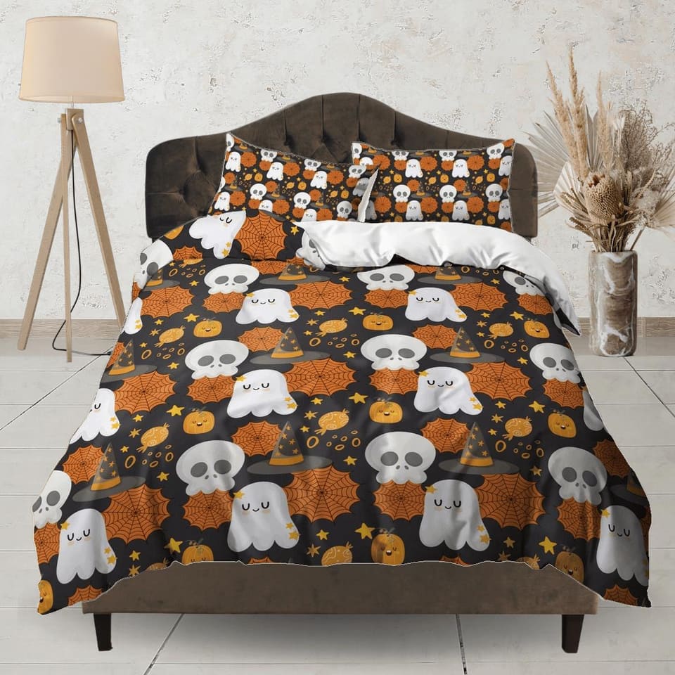 Cute ghost skull web halloween bedding & pillowcase, duvet cover set dorm bedding, halloween decor, nursery toddler beddin…