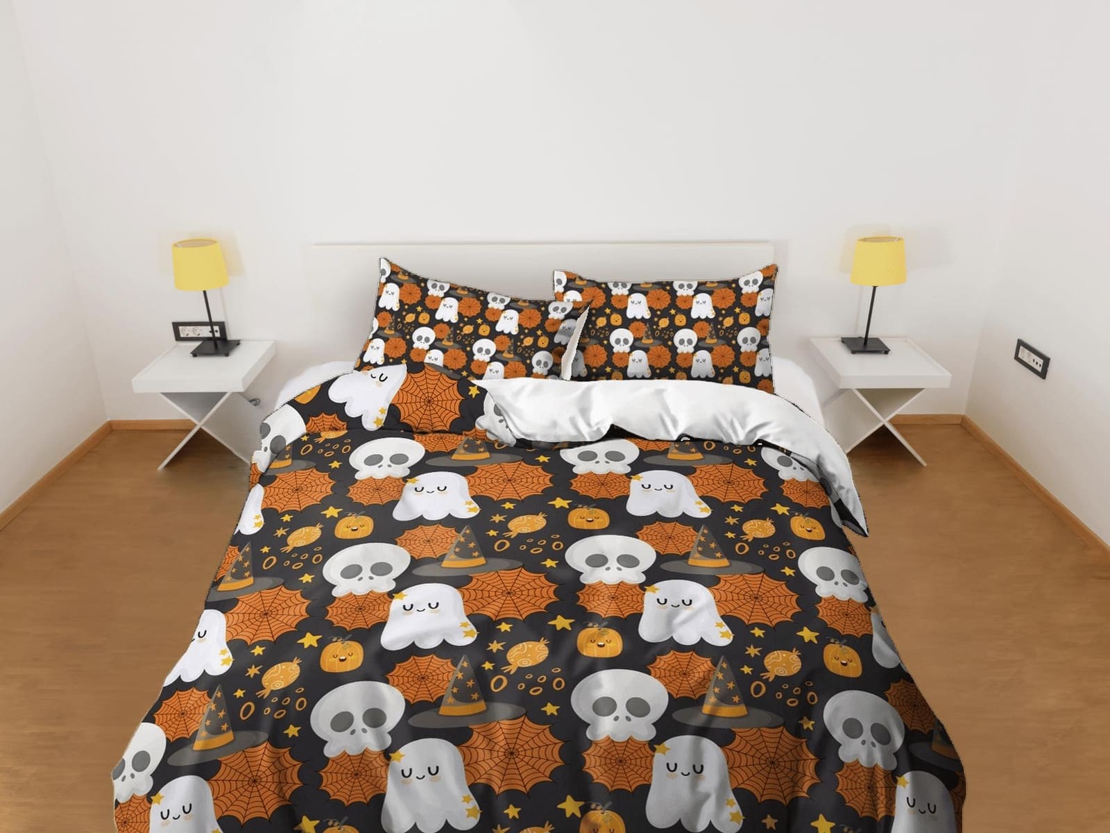 Cute ghost skull web halloween bedding & pillowcase, duvet cover set dorm bedding, halloween decor, nursery toddler beddin…