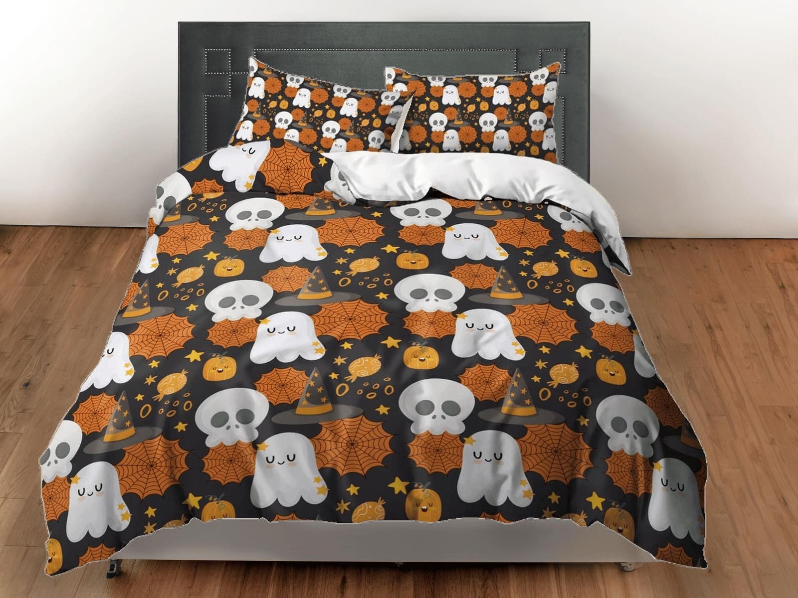 Cute ghost skull web halloween bedding & pillowcase, duvet cover set dorm bedding, halloween decor, nursery toddler beddin…