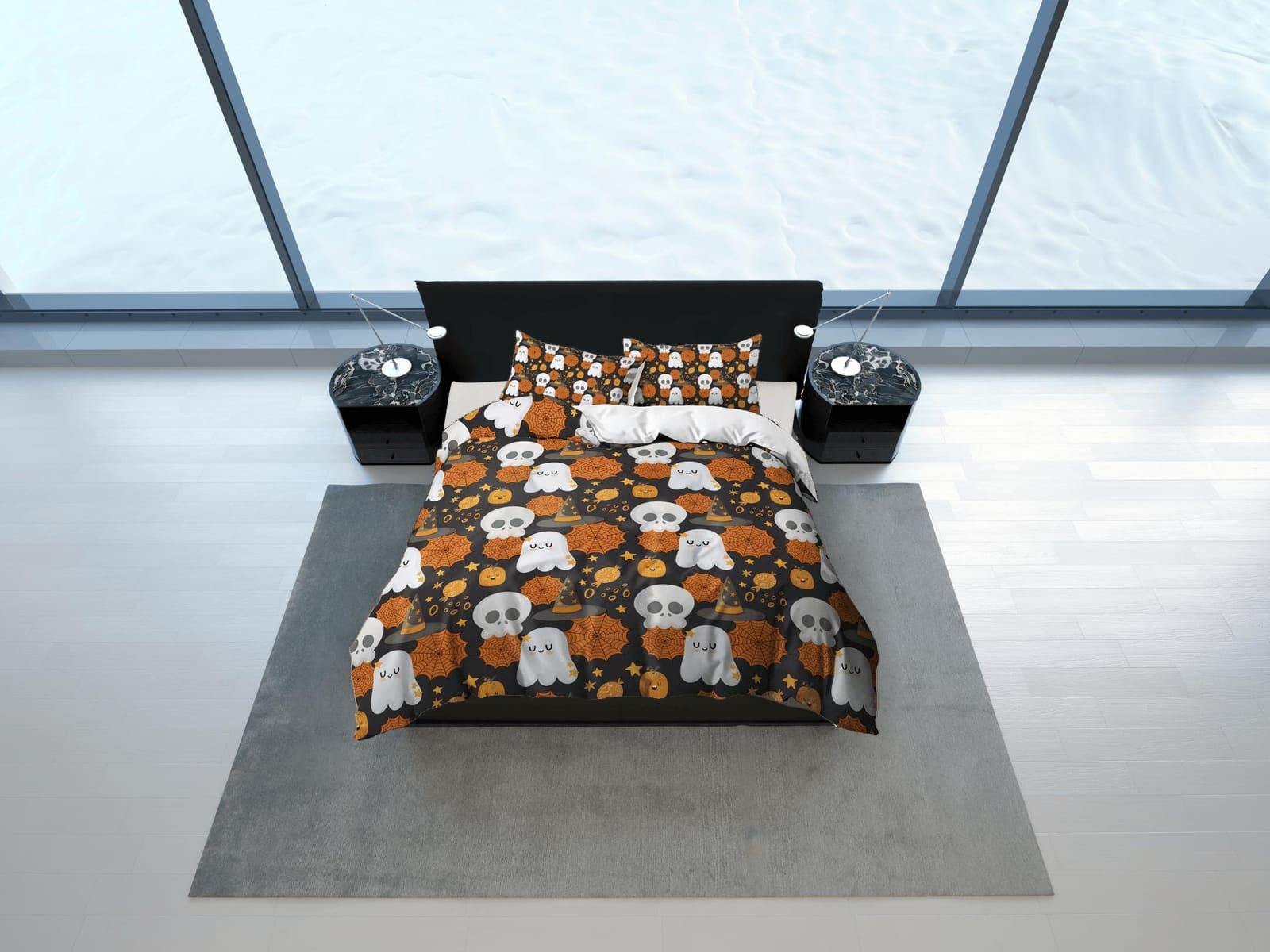 Cute ghost skull web halloween bedding & pillowcase, duvet cover set dorm bedding, halloween decor, nursery toddler beddin…