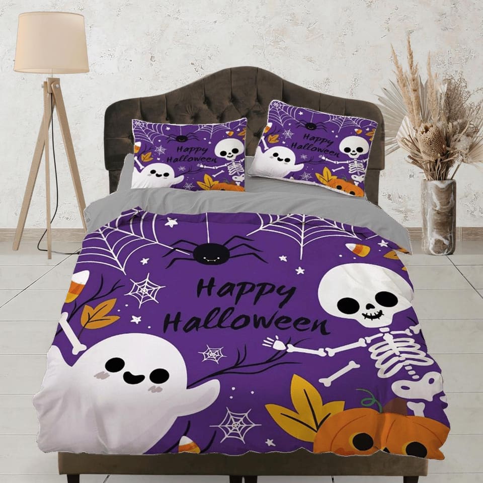 Cute ghost, spider and skeleton halloween bedding & pillowcase, purple duvet cover, dorm bedding, halloween decor gift, to…