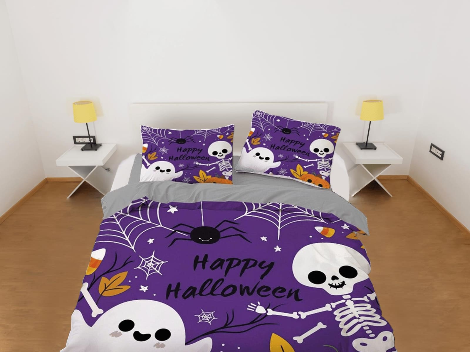 Cute ghost, spider and skeleton halloween bedding & pillowcase, purple duvet cover, dorm bedding, halloween decor gift, to…