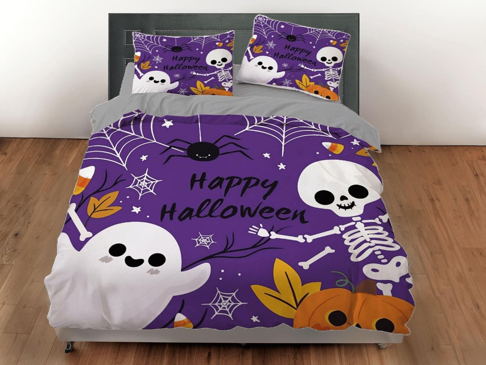 Cute ghost, spider and skeleton halloween bedding & pillowcase, purple duvet cover, dorm bedding, halloween decor gift, to…