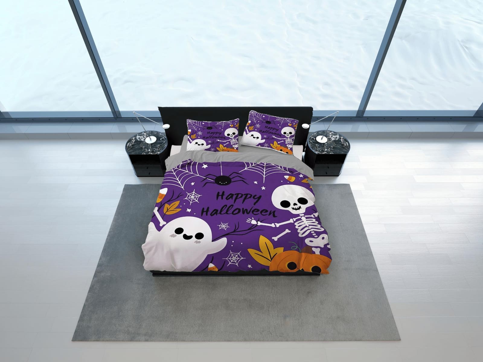 Cute ghost, spider and skeleton halloween bedding & pillowcase, purple duvet cover, dorm bedding, halloween decor gift, to…