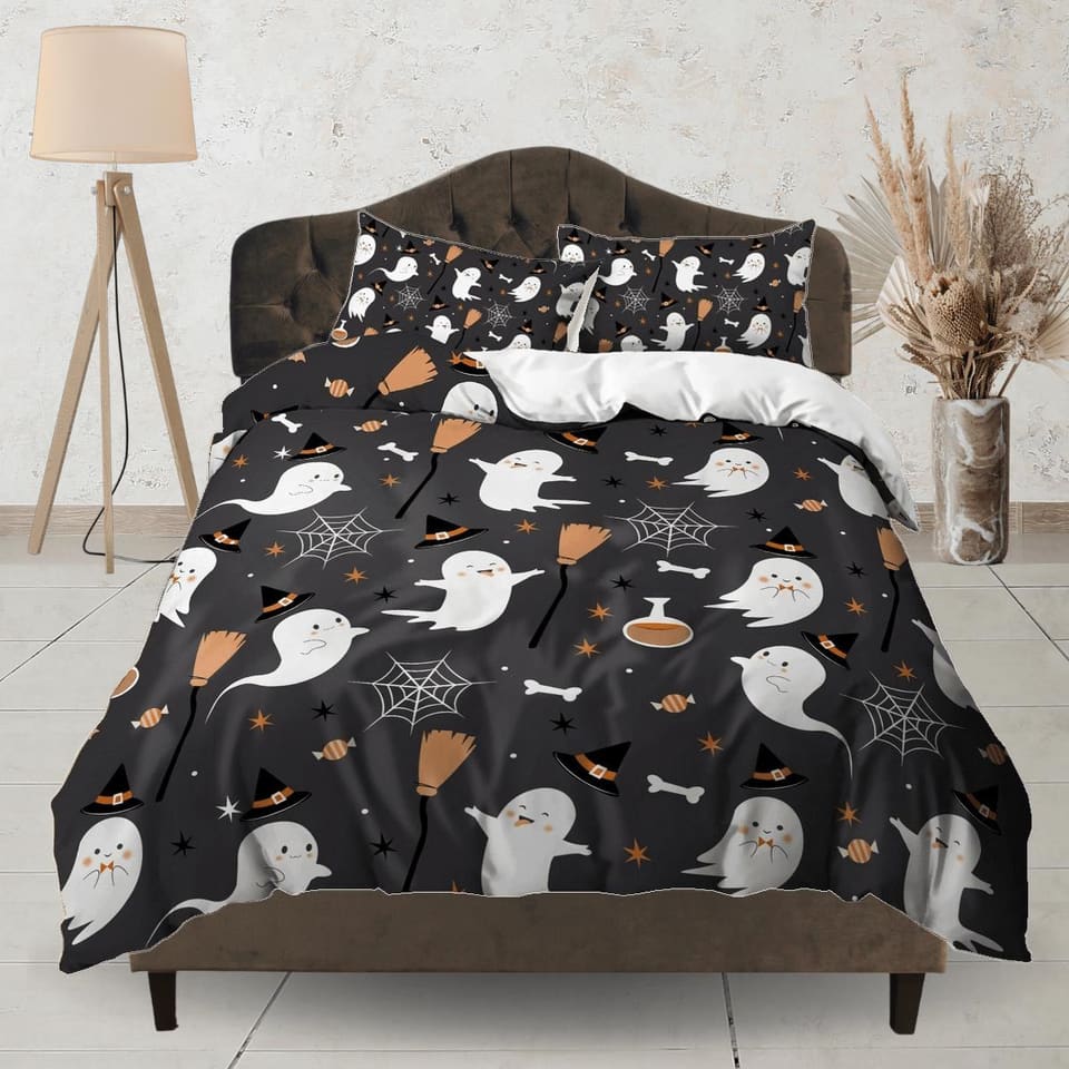 Cute ghost spider web halloween bedding & pillowcase, gothic black duvet cover, dorm bedding, goth decor toddler bedding,…