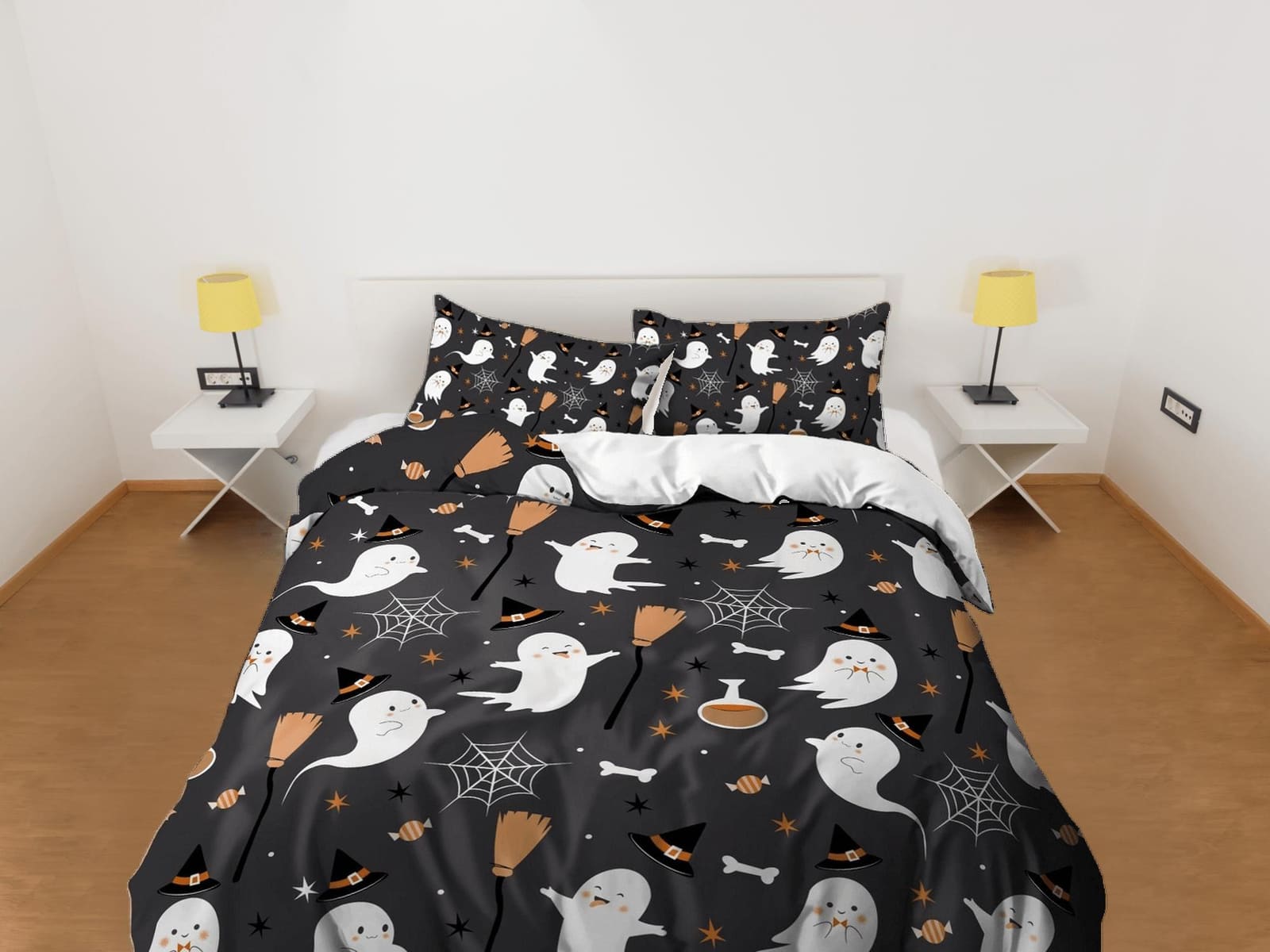 Cute ghost spider web halloween bedding & pillowcase, gothic black duvet cover, dorm bedding, goth decor toddler bedding,…