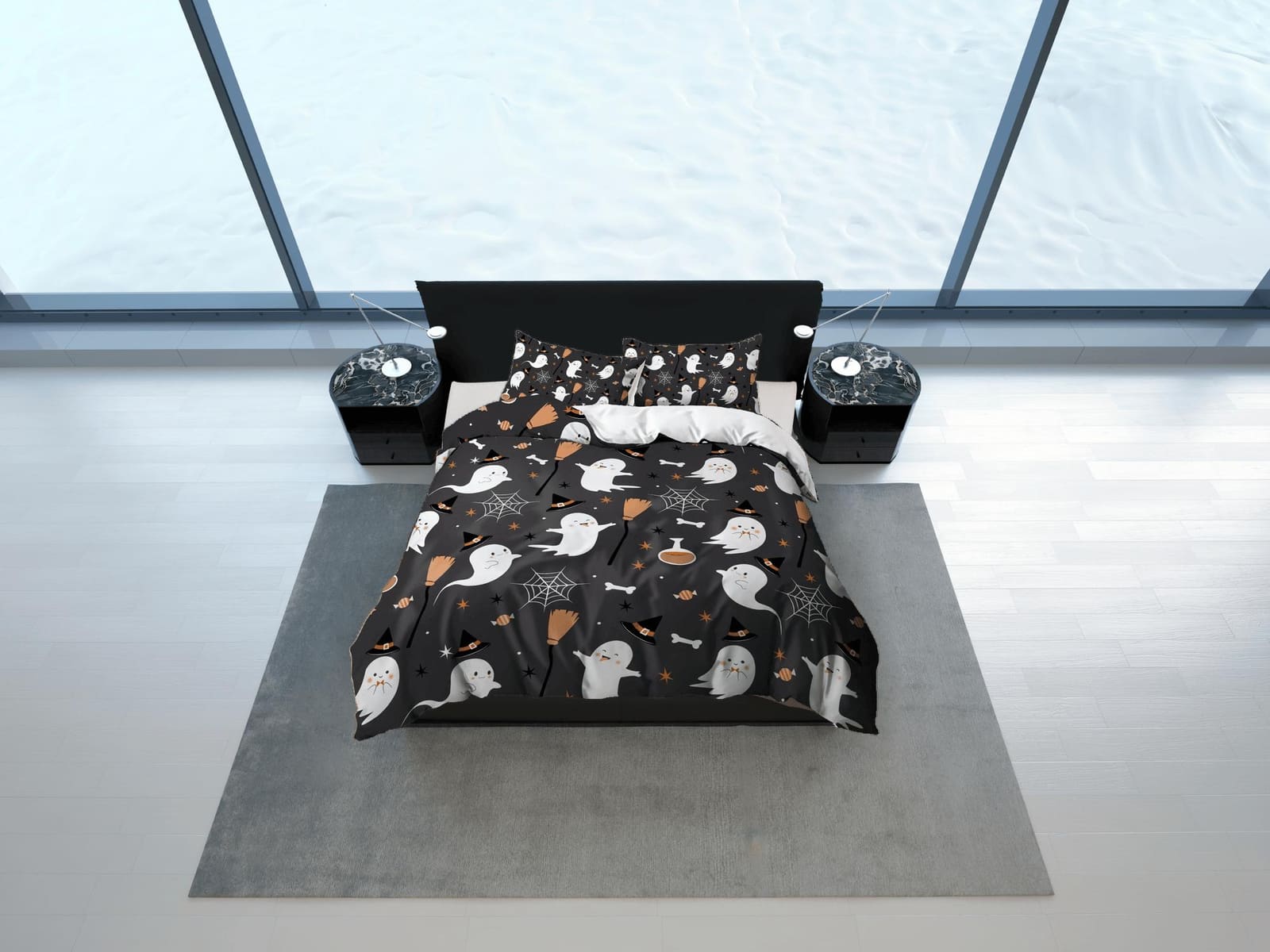Cute ghost spider web halloween bedding & pillowcase, gothic black duvet cover, dorm bedding, goth decor toddler bedding,…
