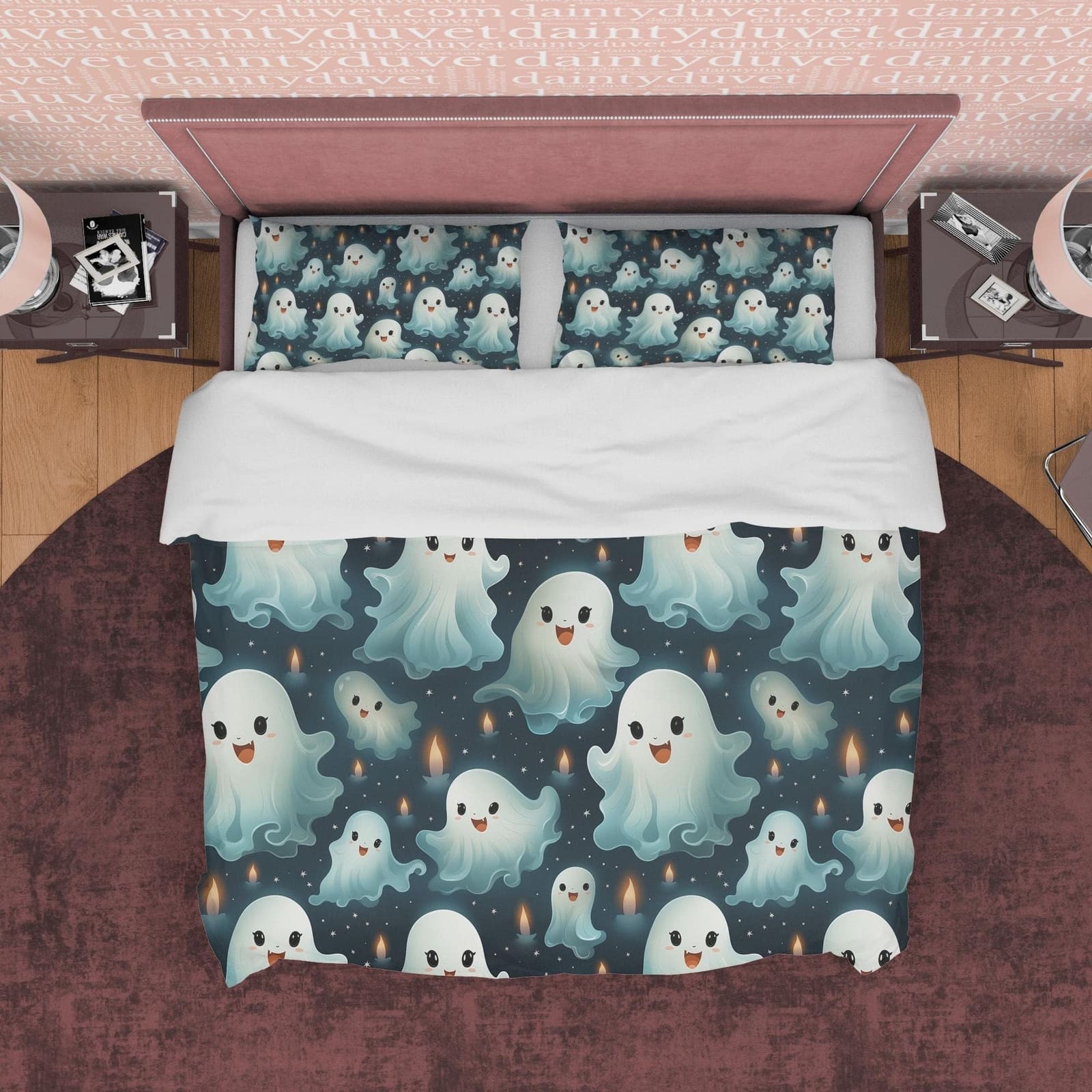 Cute Ghosts, Blue Green Duvet Cover Set & Pillowcase, Aesthetic Zipper Bedding, Kawaii Halloween Gift, US, UK, European, A…