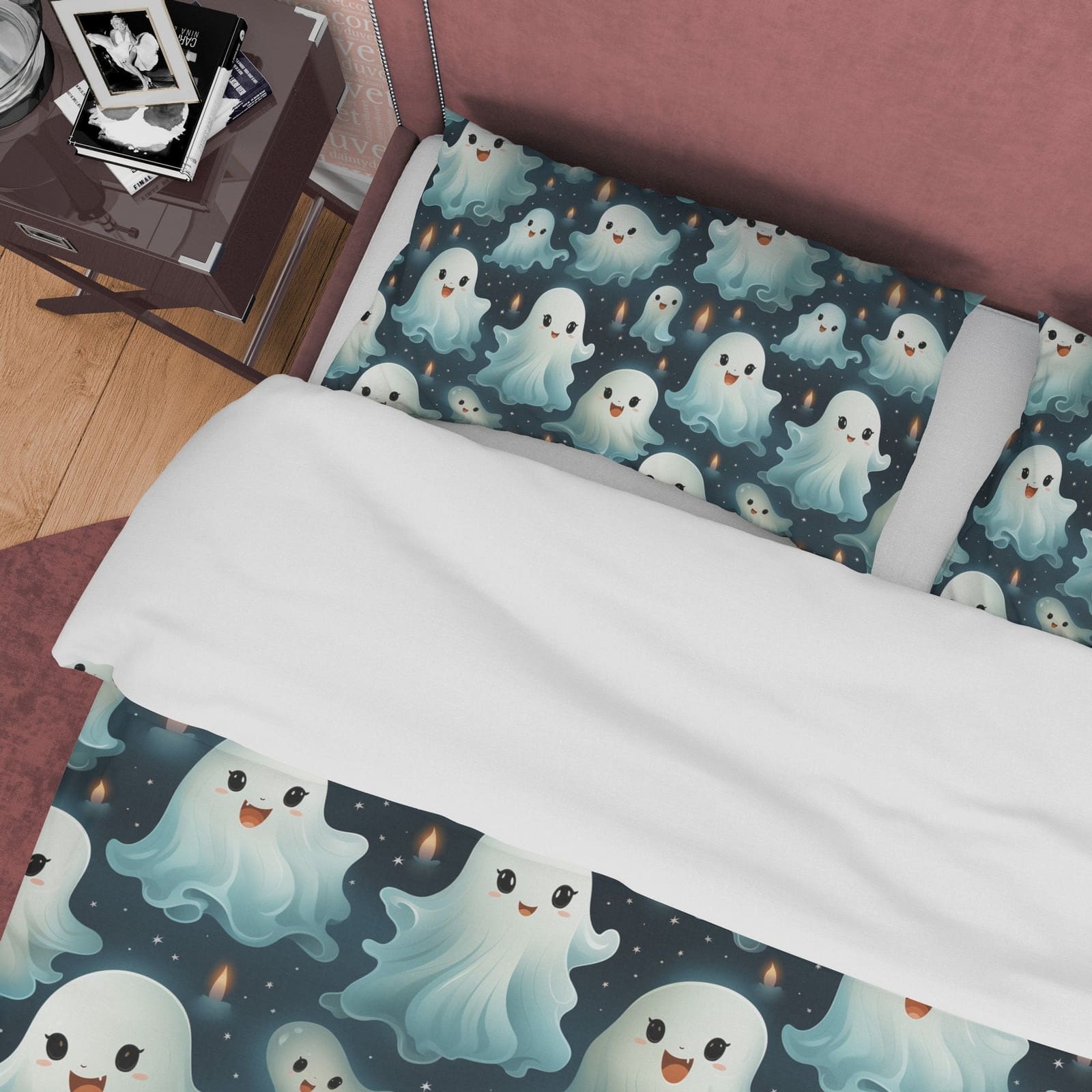 Cute Ghosts, Blue Green Duvet Cover Set & Pillowcase, Aesthetic Zipper Bedding, Kawaii Halloween Gift, US, UK, European, A…