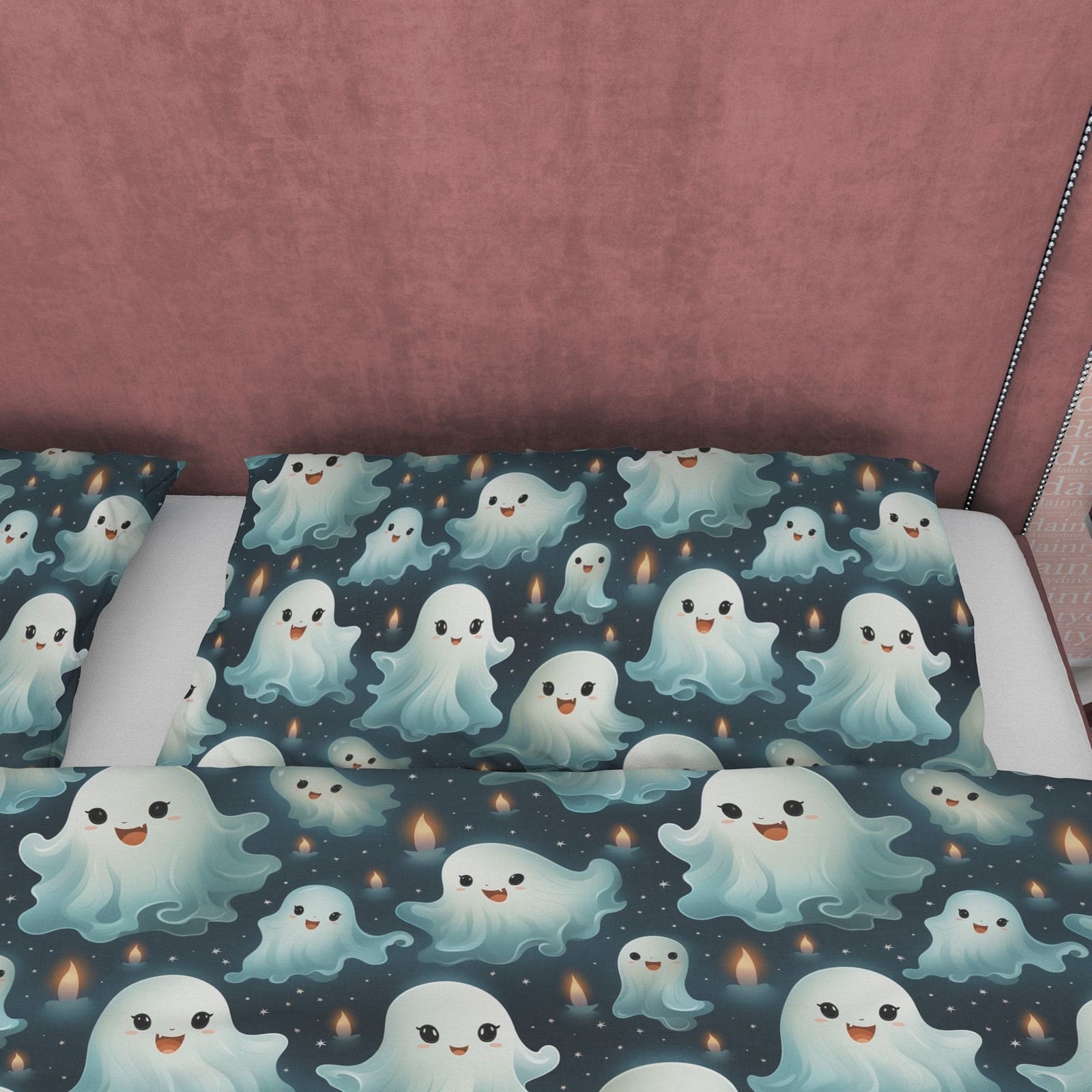 Cute Ghosts, Blue Green Duvet Cover Set & Pillowcase, Aesthetic Zipper Bedding, Kawaii Halloween Gift, US, UK, European, A…