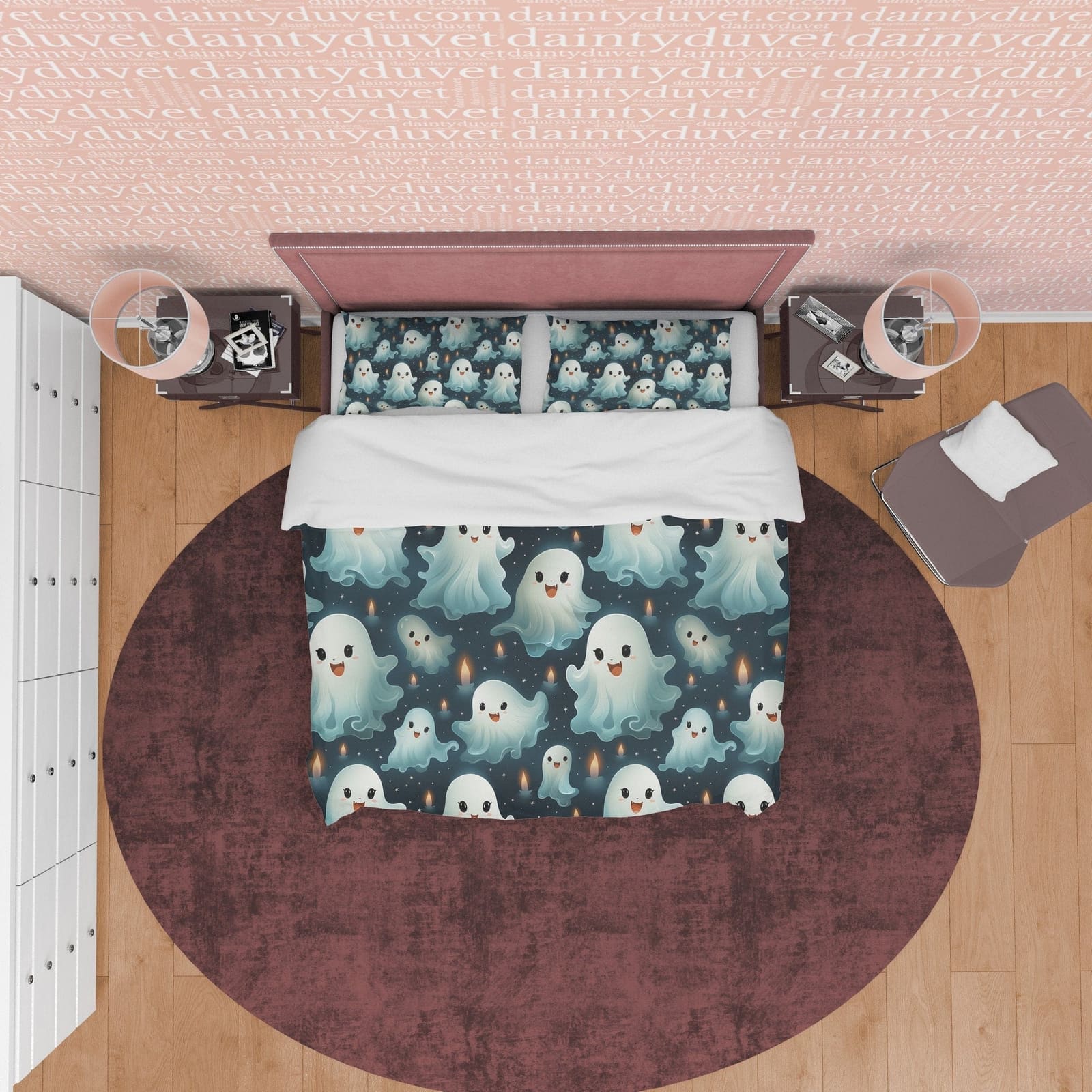 Cute Ghosts, Blue Green Duvet Cover Set & Pillowcase, Aesthetic Zipper Bedding, Kawaii Halloween Gift, US, UK, European, A…