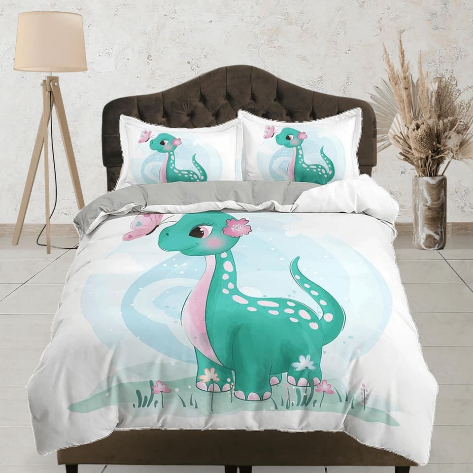 Cute Green Baby Dinosaur Bedding, Duvet Cover Set & Pillowcase, Zipper Bedding, Dorm Bedding, Teens Adult Duvet King Queen…