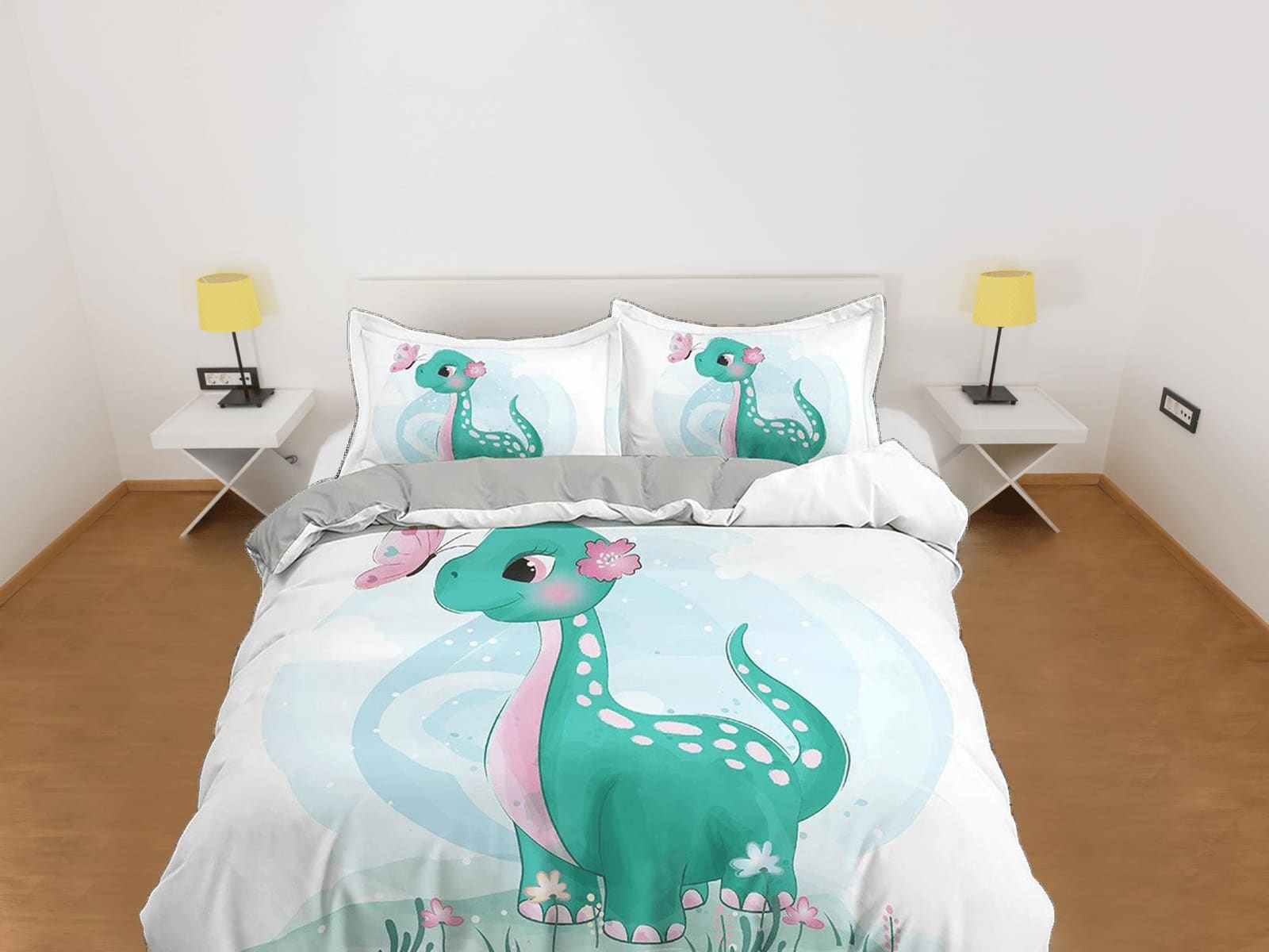 Cute Green Baby Dinosaur Bedding, Duvet Cover Set & Pillowcase, Zipper Bedding, Dorm Bedding, Teens Adult Duvet King Queen…