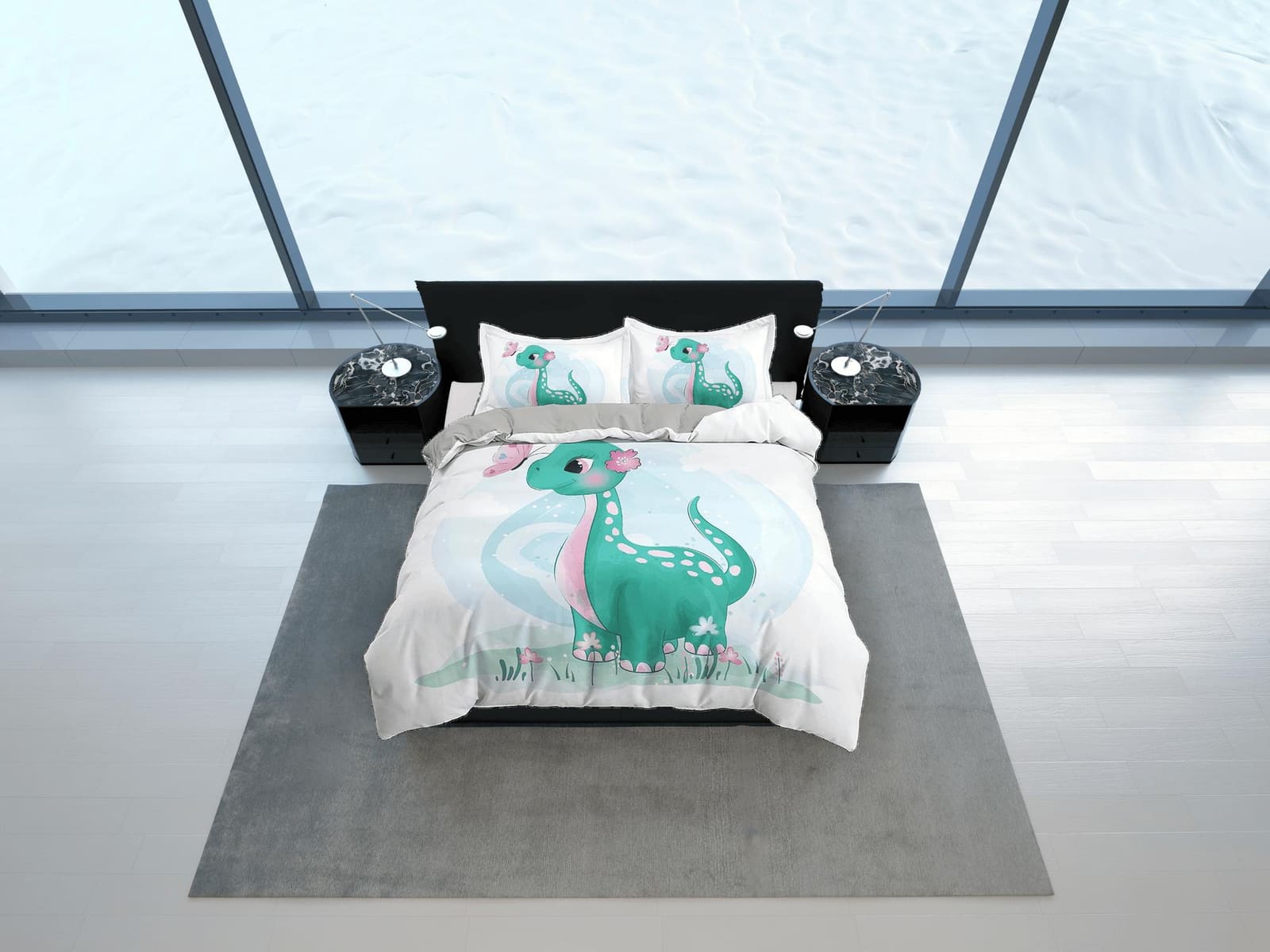 Cute Green Baby Dinosaur Bedding, Duvet Cover Set & Pillowcase, Zipper Bedding, Dorm Bedding, Teens Adult Duvet King Queen…