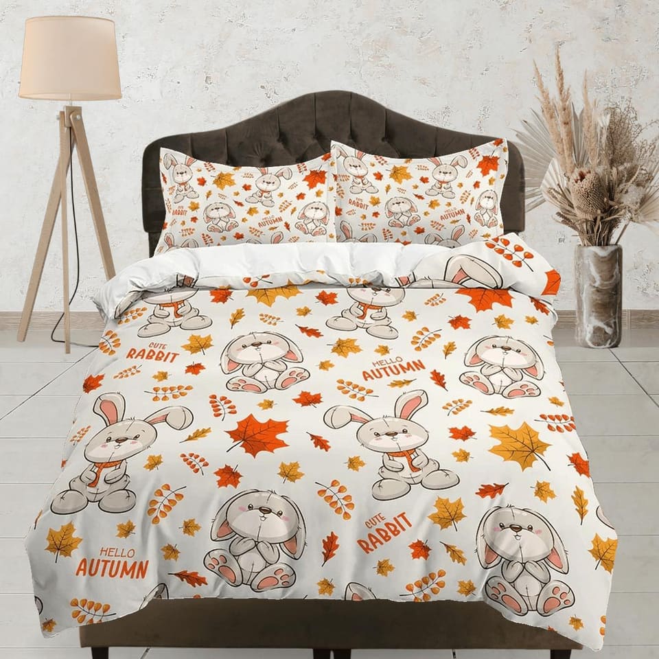 Cute Grey Bunny Hello Autumn Toddler Bedding, Unique Duvet Cover for Nursery Kids, Crib Bedding, Baby Zipper Bedding, King…